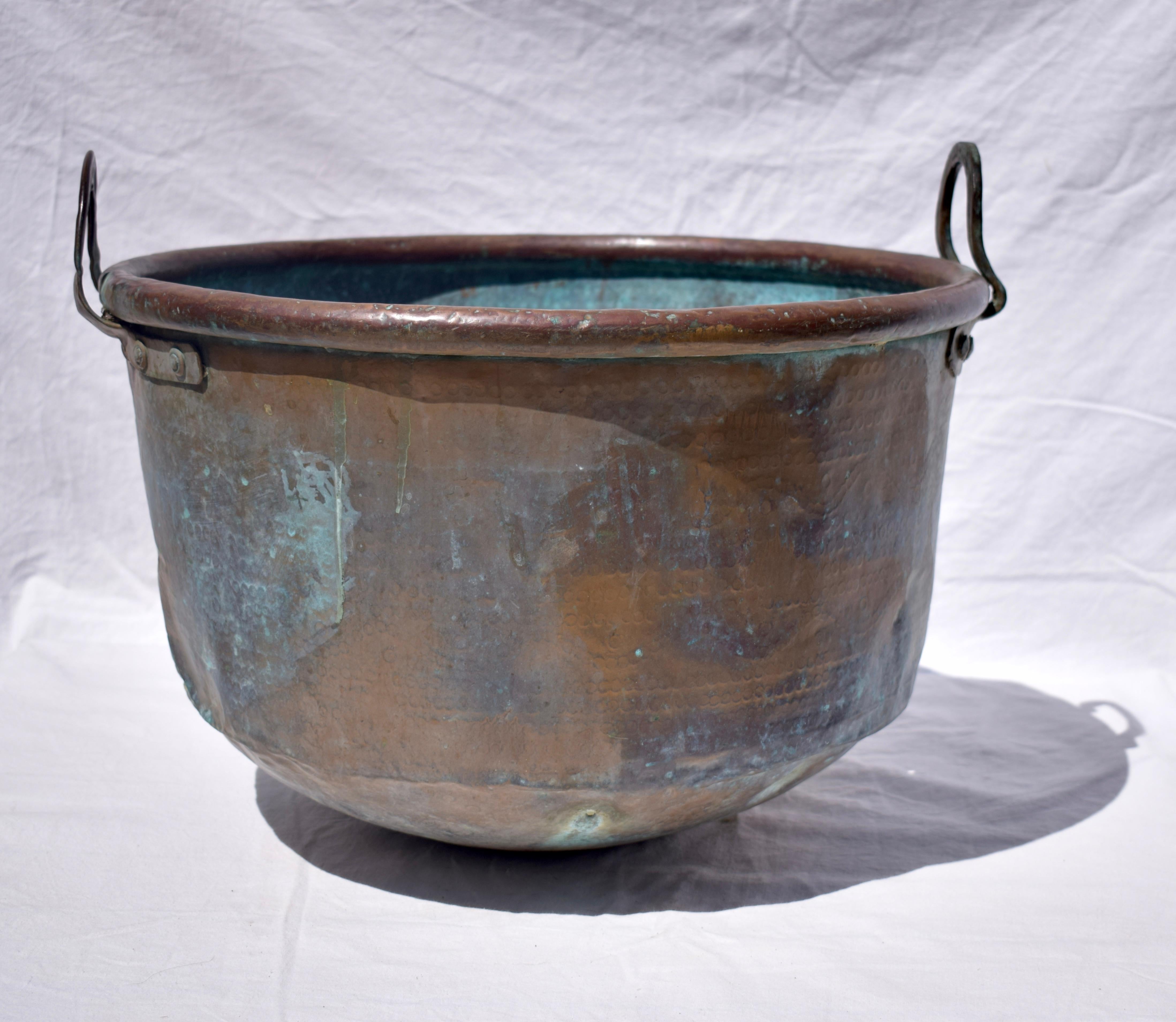 Metal Large 19th Century French Copper Cauldron with a Verdigris Patina