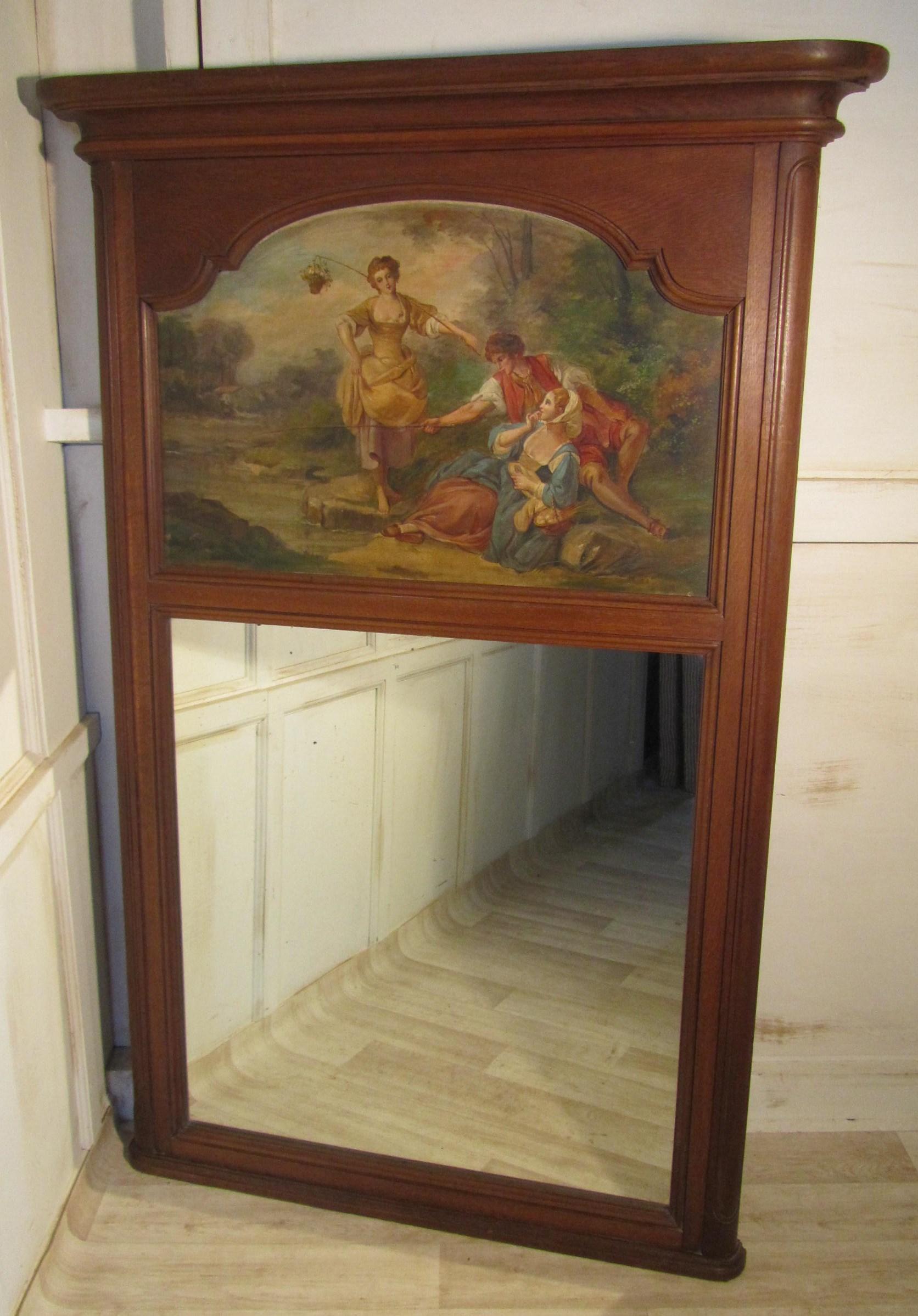 French Provincial Large 19th Century French Oak Trumeau Mirror, Oil on Canvas For Sale