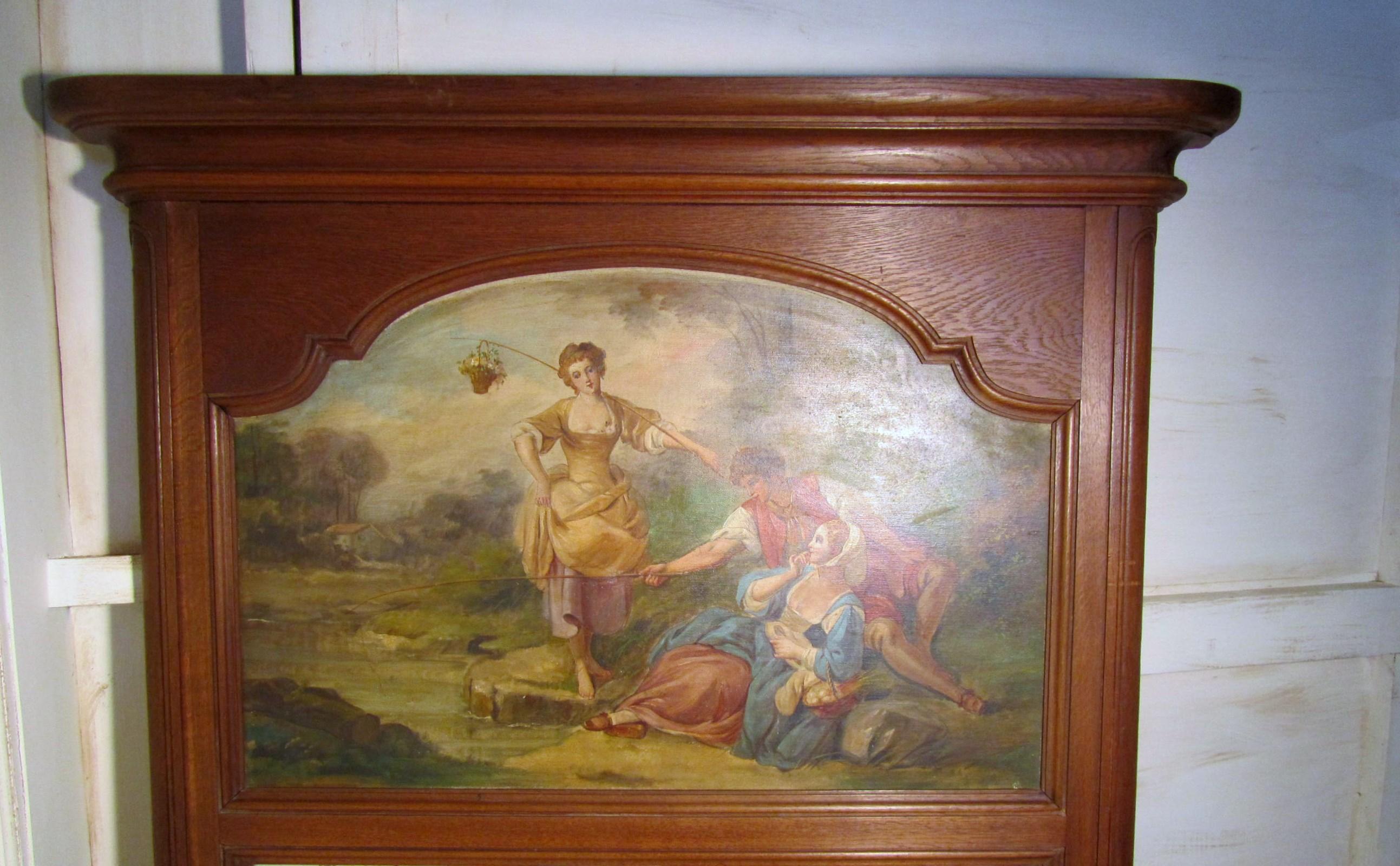 Large 19th Century French Oak Trumeau Mirror, Oil on Canvas In Good Condition For Sale In Chillerton, Isle of Wight