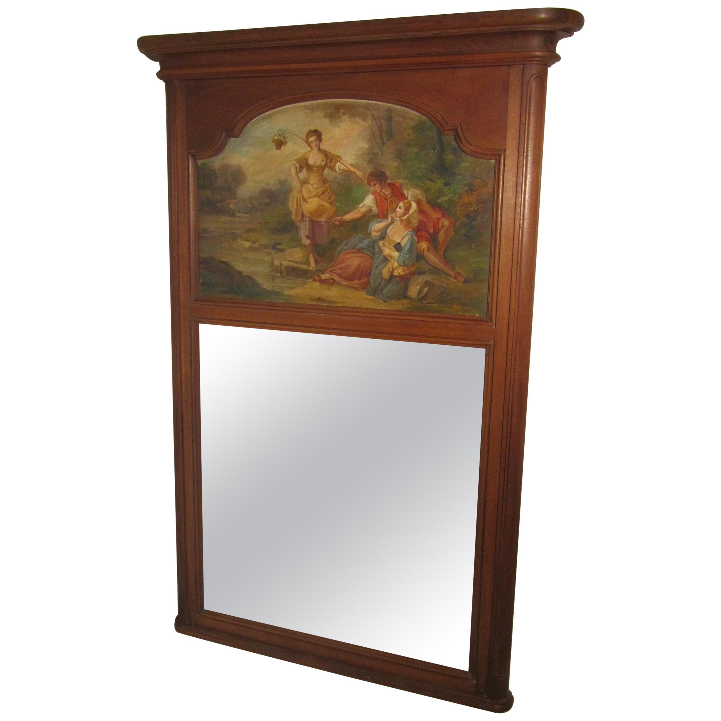 Large 19th Century French Oak Trumeau Mirror, Oil on Canvas For Sale