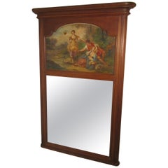 Antique Large 19th Century French Oak Trumeau Mirror, Oil on Canvas