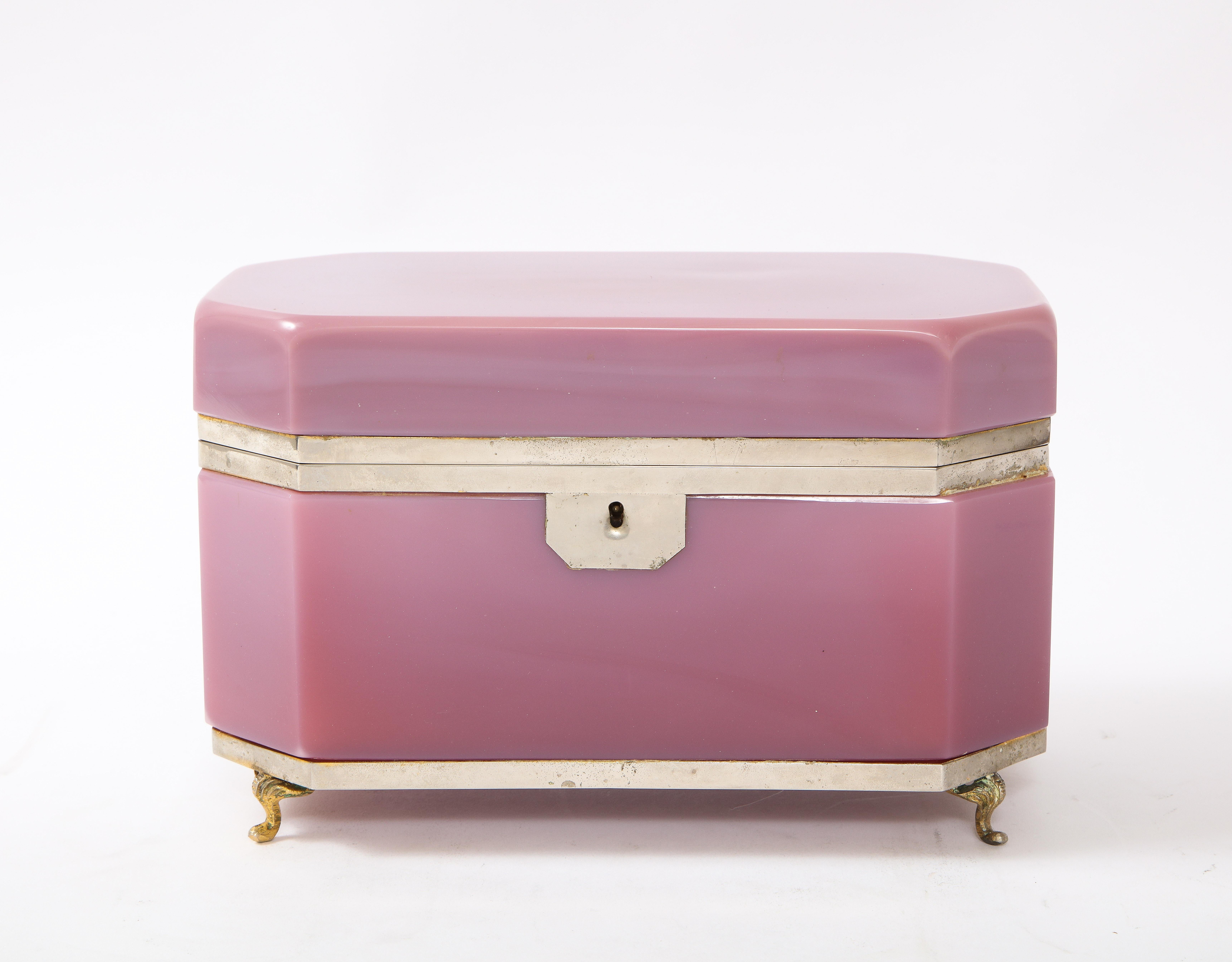 An extremely large 19th century Louis XVI style french silvered bonze mounted pink opalescent dore bronze mounted jewelry box. This box is truly amazing in both size and appearance. This is one of the largest sizes these jewelry boxes were produced