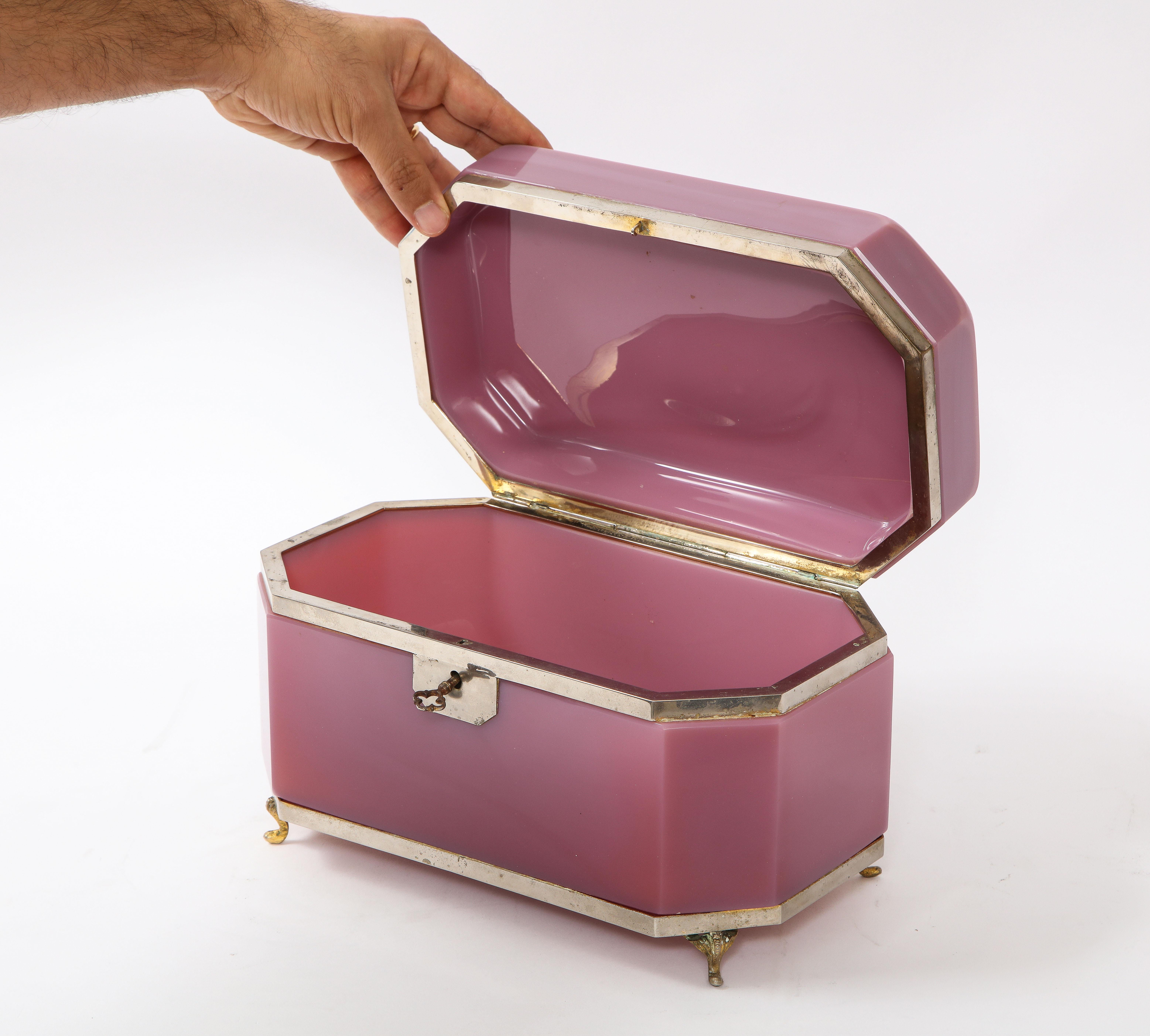 Louis XVI Large 19th Century French Pink Opaline Silvered Bonze Mounted Jewelry Box