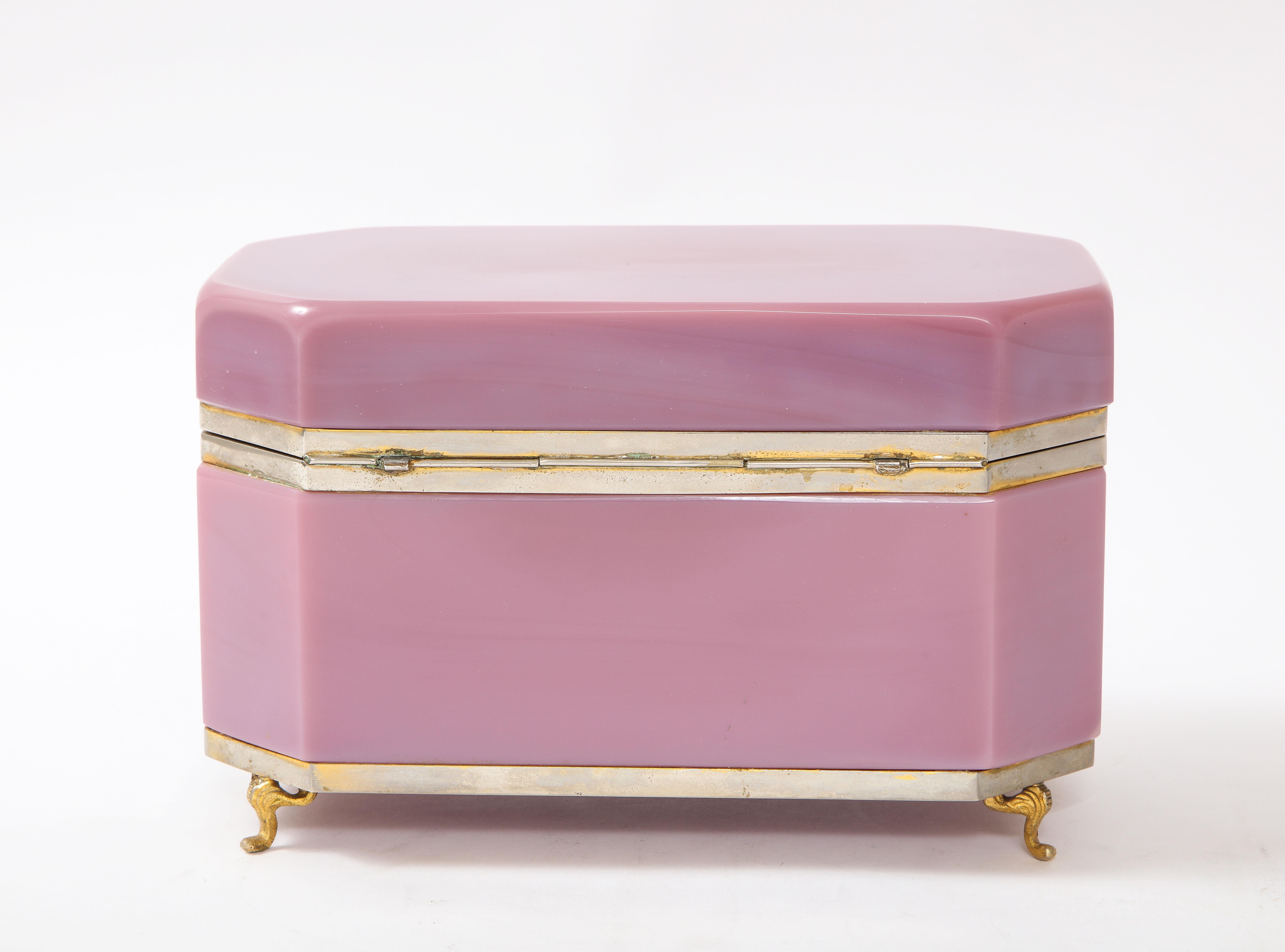 Hand-Carved Large 19th Century French Pink Opaline Silvered Bonze Mounted Jewelry Box