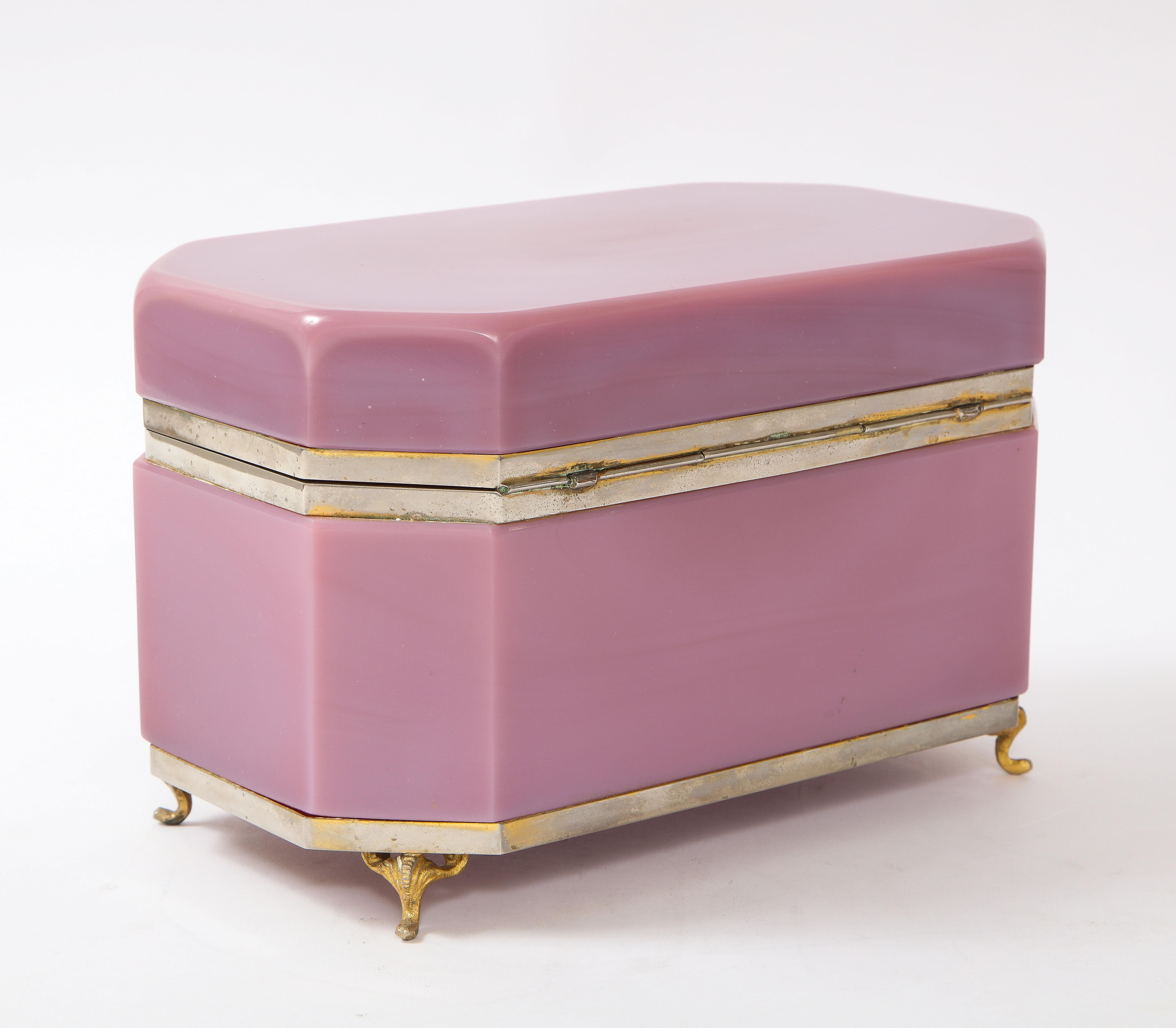 Large 19th Century French Pink Opaline Silvered Bonze Mounted Jewelry Box In Good Condition In New York, NY