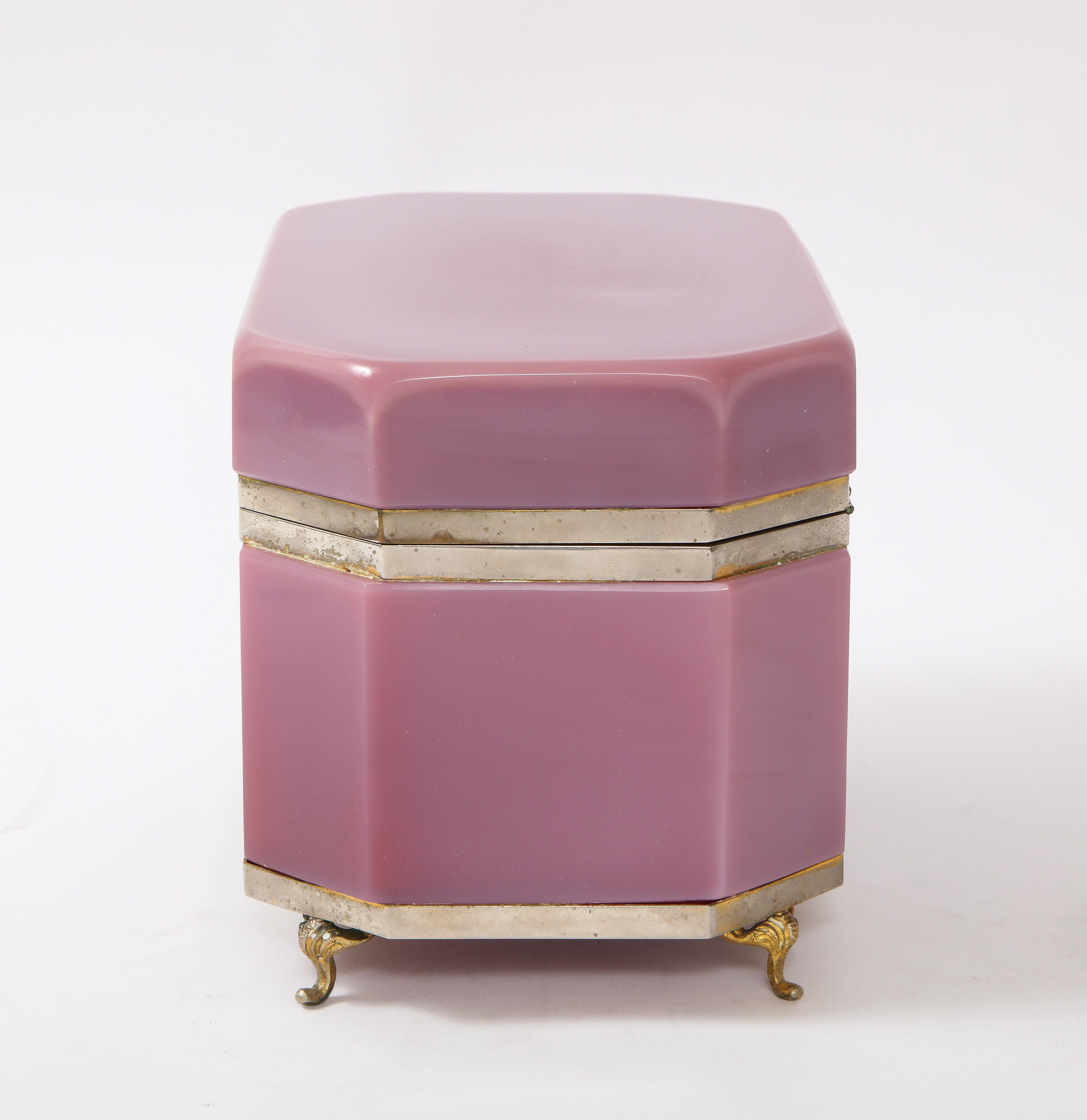 Bronze Large 19th Century French Pink Opaline Silvered Bonze Mounted Jewelry Box