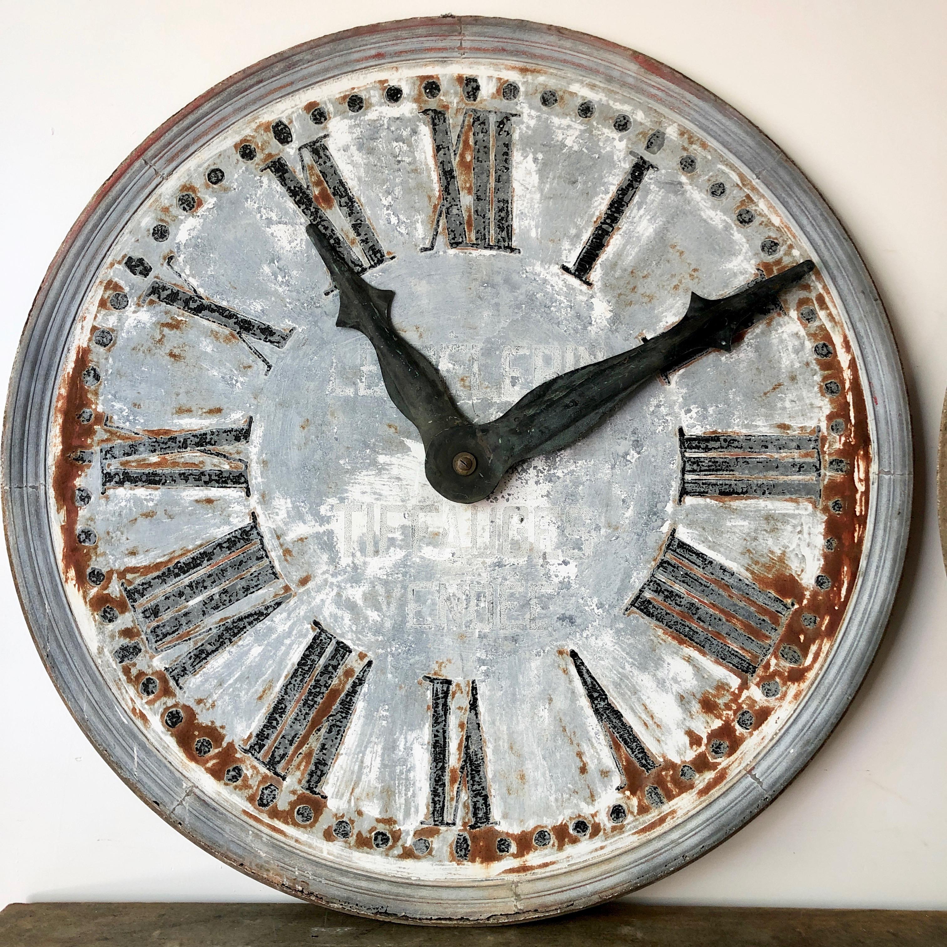 A large 19th century French Zinc town hall clock face in zinc with very well patinated.
Non working, architectural fragment for great decor.
Available two clock faces, priced separately.
Surprising pieces and objects, authentic, decorative and