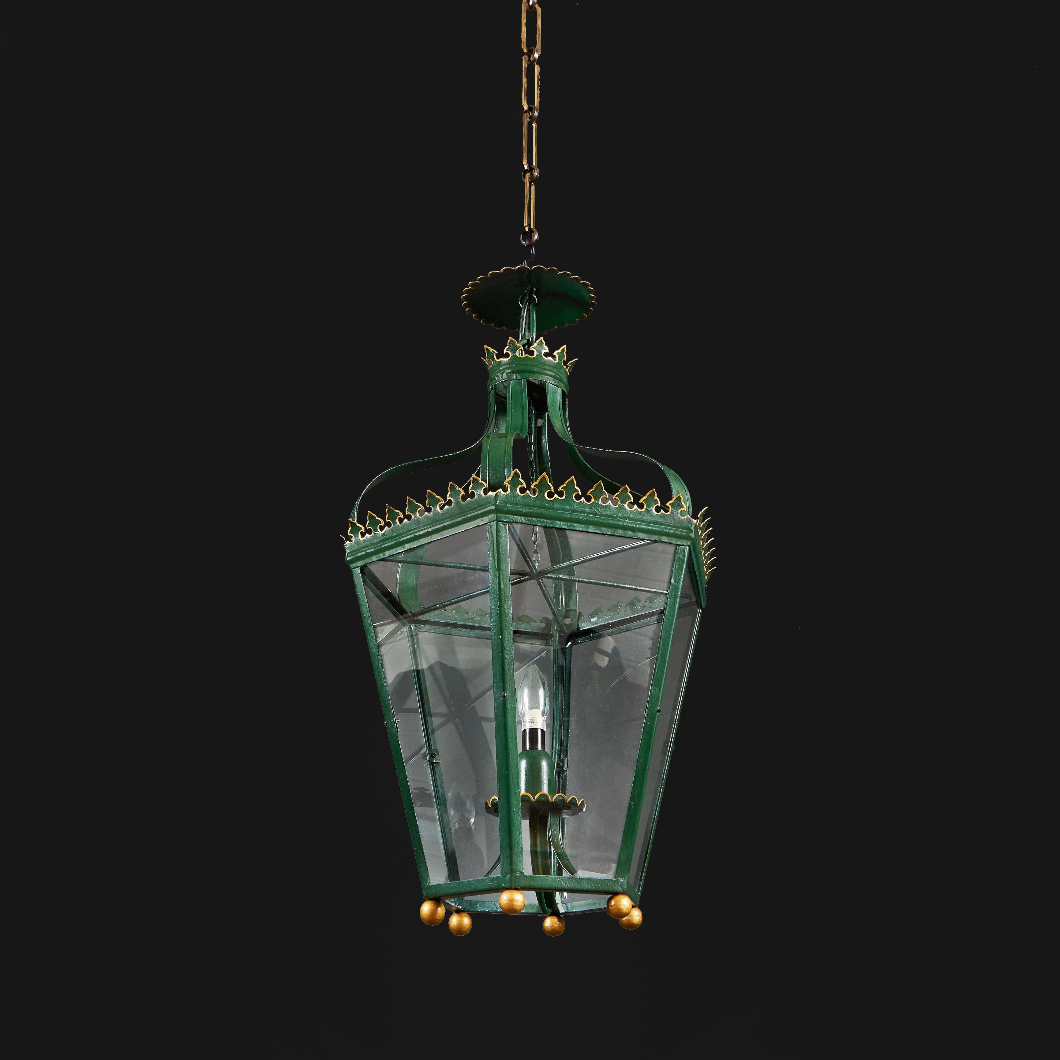 English Large 19th Century Green Tole Hanging Lantern