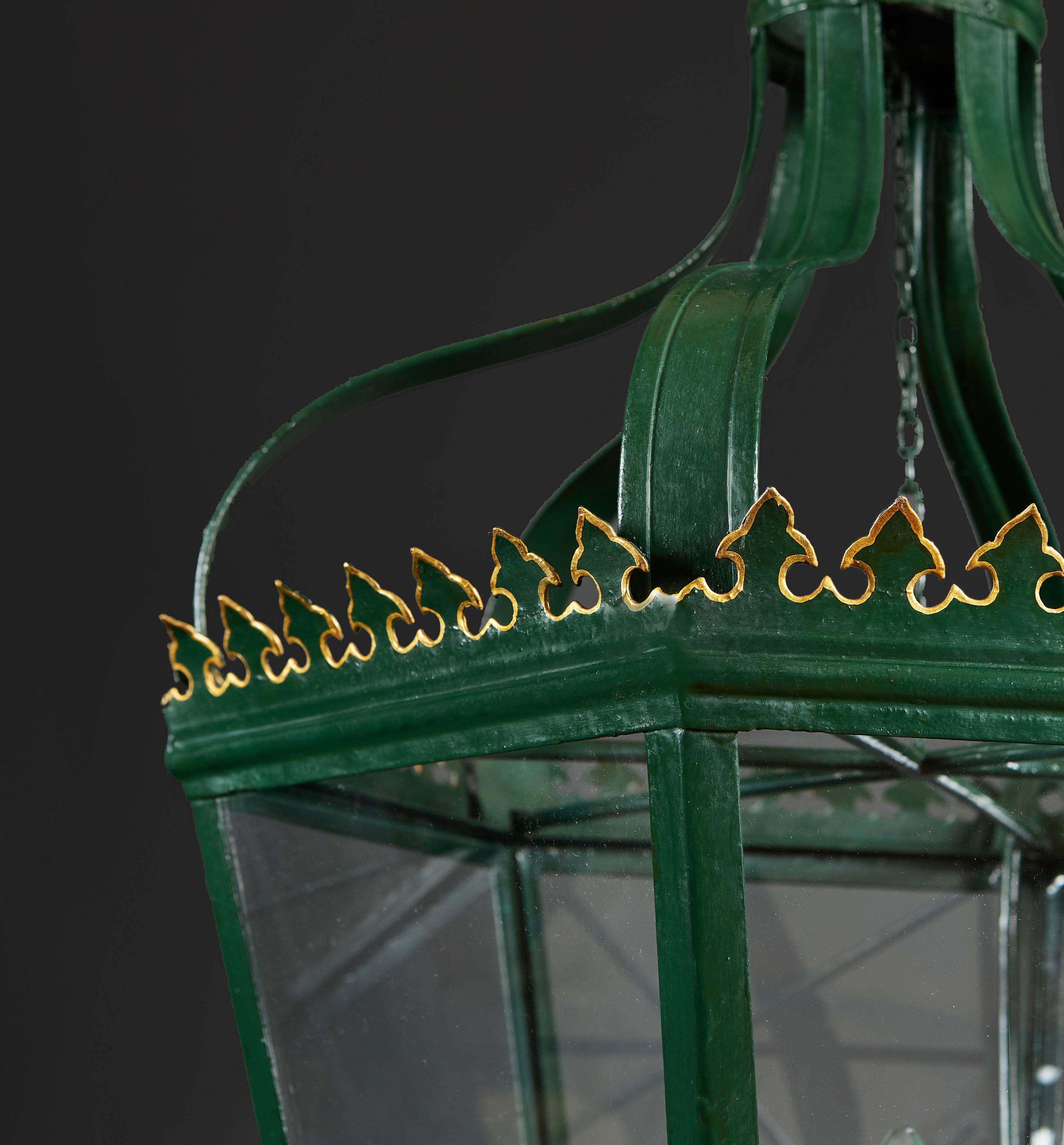 Large 19th Century Green Tole Hanging Lantern In Good Condition In London, GB