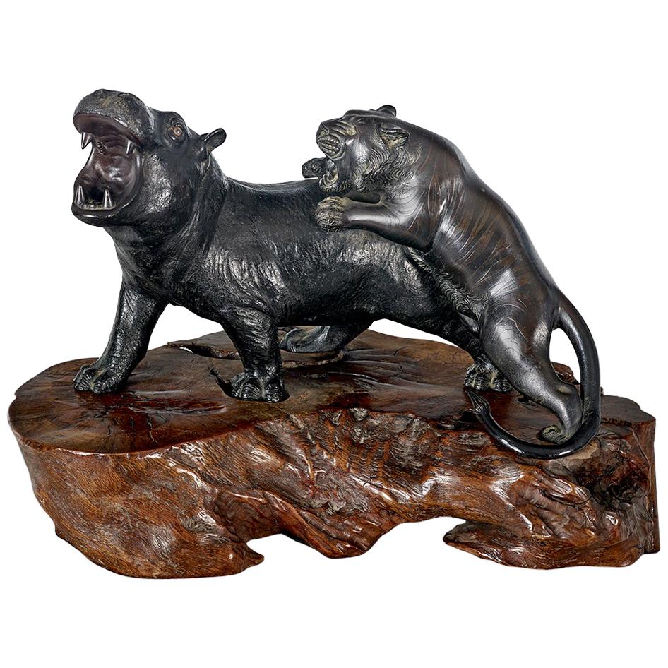 Large 19th Century Japanese Meiji Period Bronze Tiger Attacking a Hippo