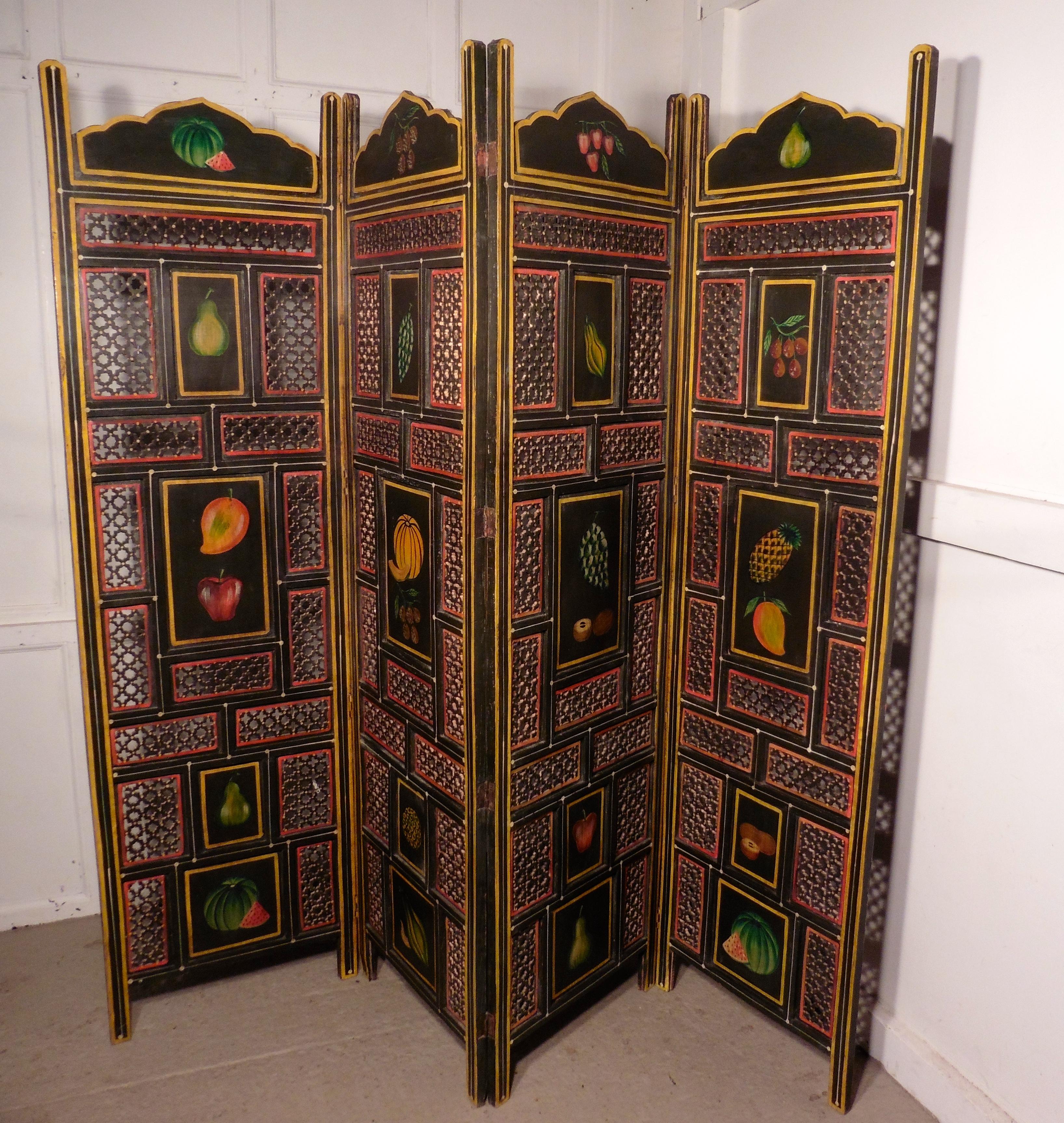 Late 19th Century Large 19th Century North African Folk Art Pierced, Painted 4-Fold Screen