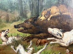 A large 19th century oil on canvas, 'Wild Boar Hunt with Dogs'