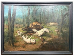 A large 19th century oil on canvas, 'Wild Boar Hunt with Dogs'