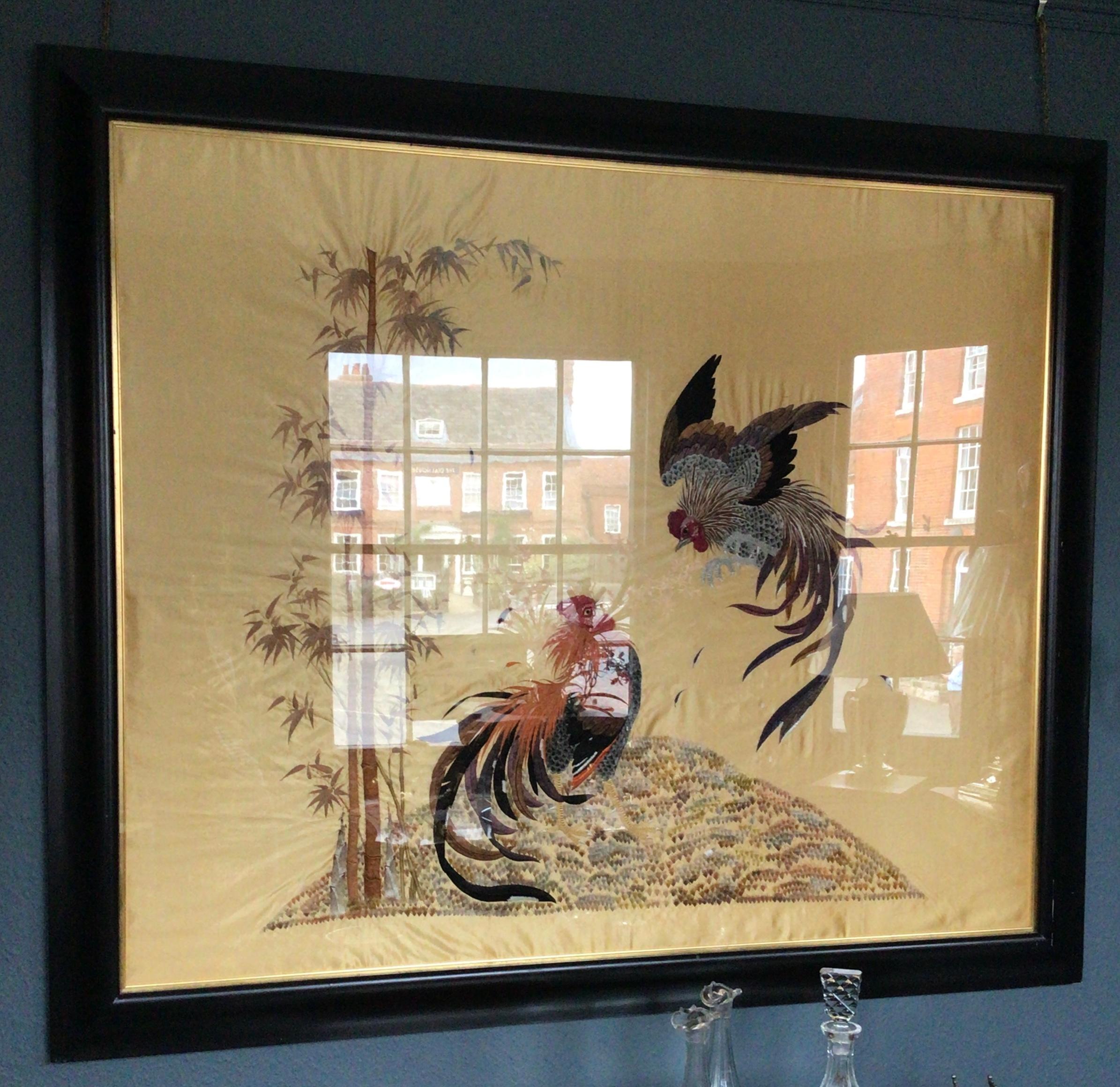 Large 19th Century Oriental Silk Embroidered Panel, 'A Pair of Fighting Cocks' In Excellent Condition For Sale In Reepham, GB