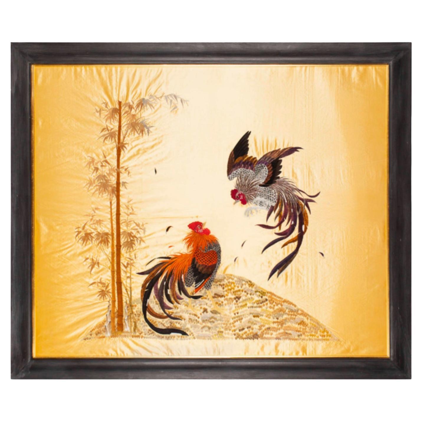 Large 19th Century Oriental Silk Embroidered Panel, 'A Pair of Fighting Cocks' For Sale