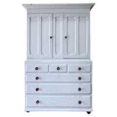 Used A Large 19th Century Painted Blue English Pine Linen Press 