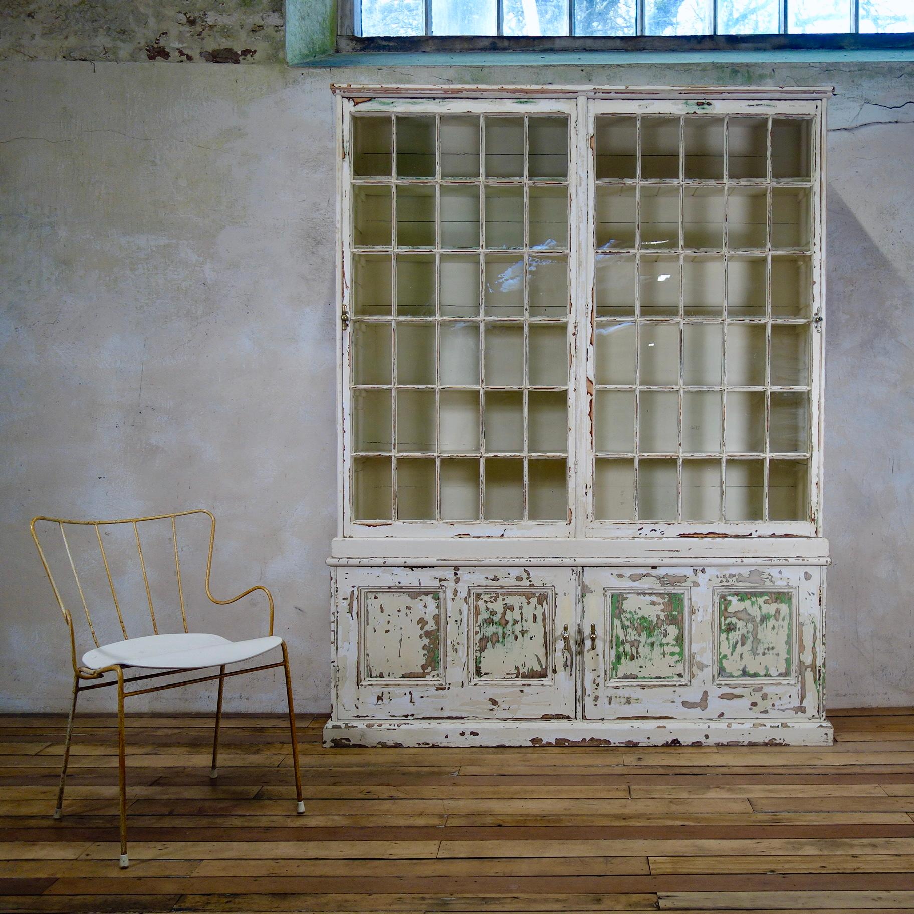 A Large 19th Century French Original Painted Glazed Bookcase Cabinet - White  6