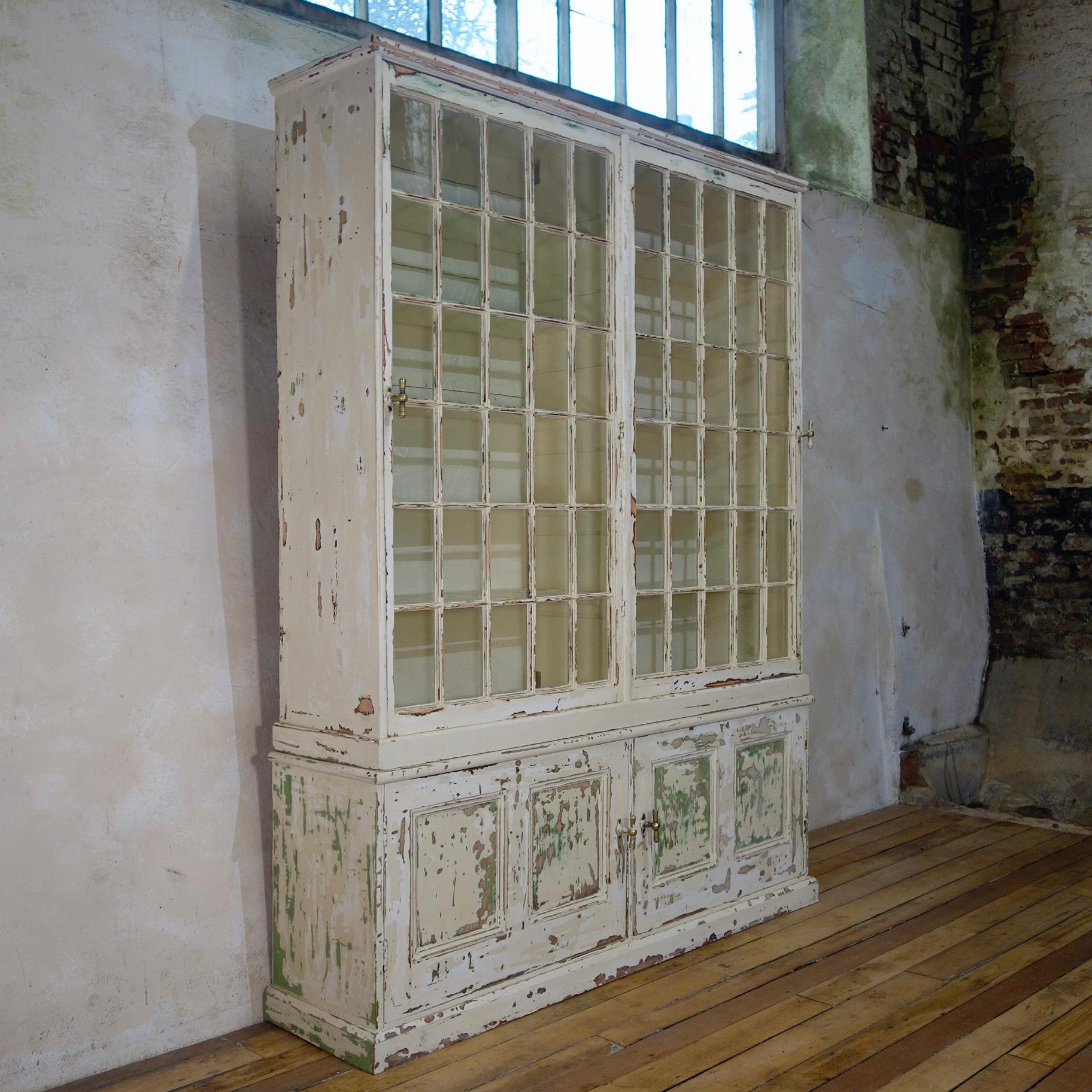 An elegant 19th century original painted bookcase/cabinet. Displaying a pair of glazed doors retaining their original glass with a further pair of lower paneled cupboard doors enclosing shelves. A unique and simple design that would lend itself well