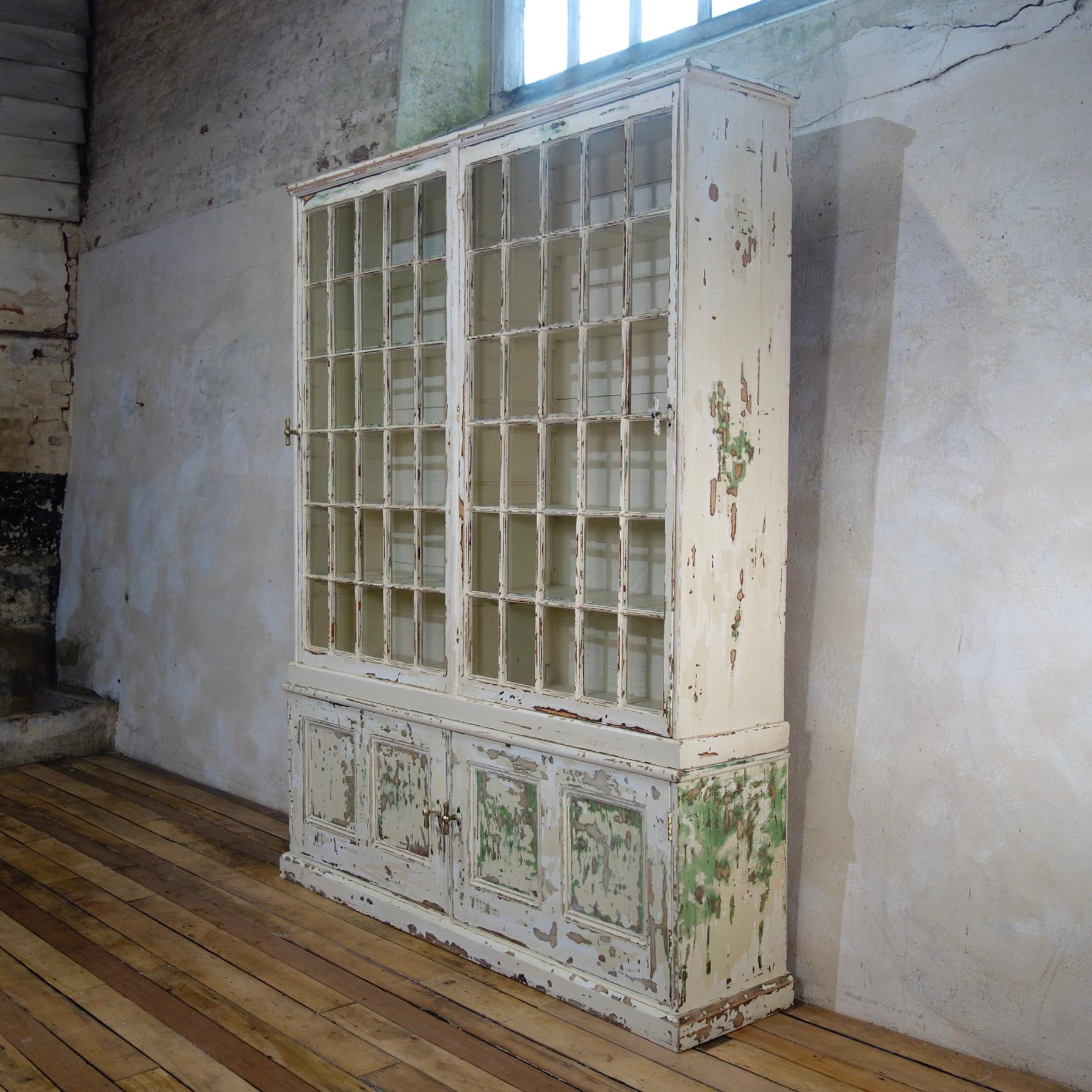 Hand-Painted A Large 19th Century French Original Painted Glazed Bookcase Cabinet - White 