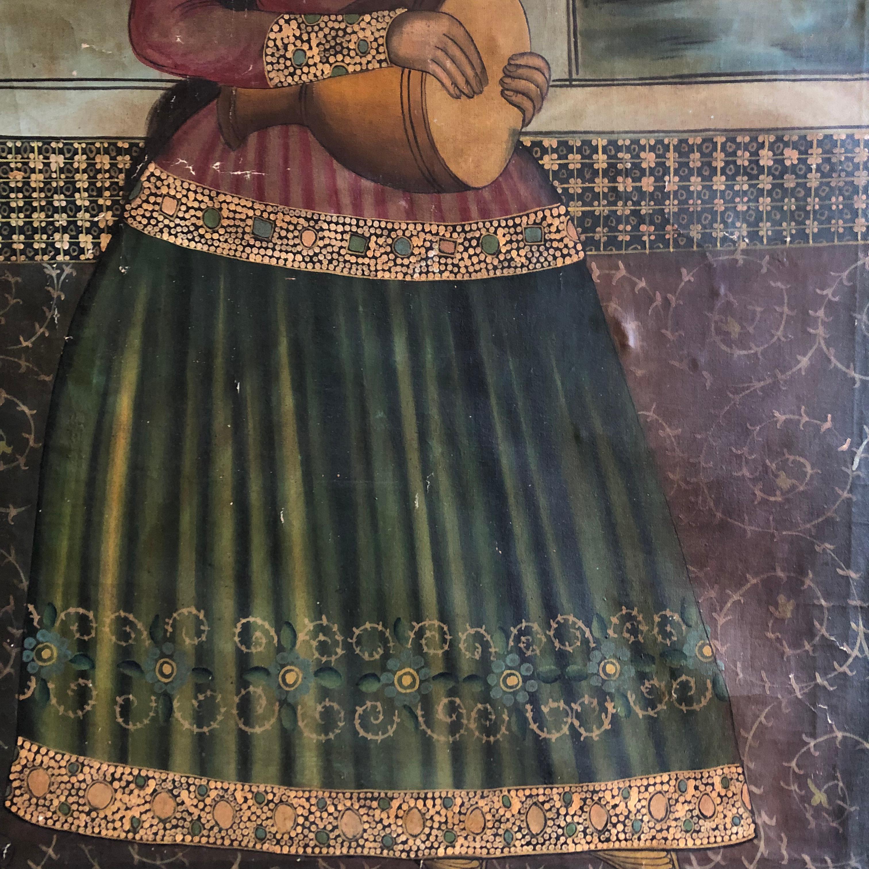 A wonderful large late C19th Qajar portrait of a musician wearing flamboyantly embroidered and bejewelled costumes within a highly decorative interior.   Depicted full length, signed.  Age related minor bumps and scrapes.  A highly decorative and