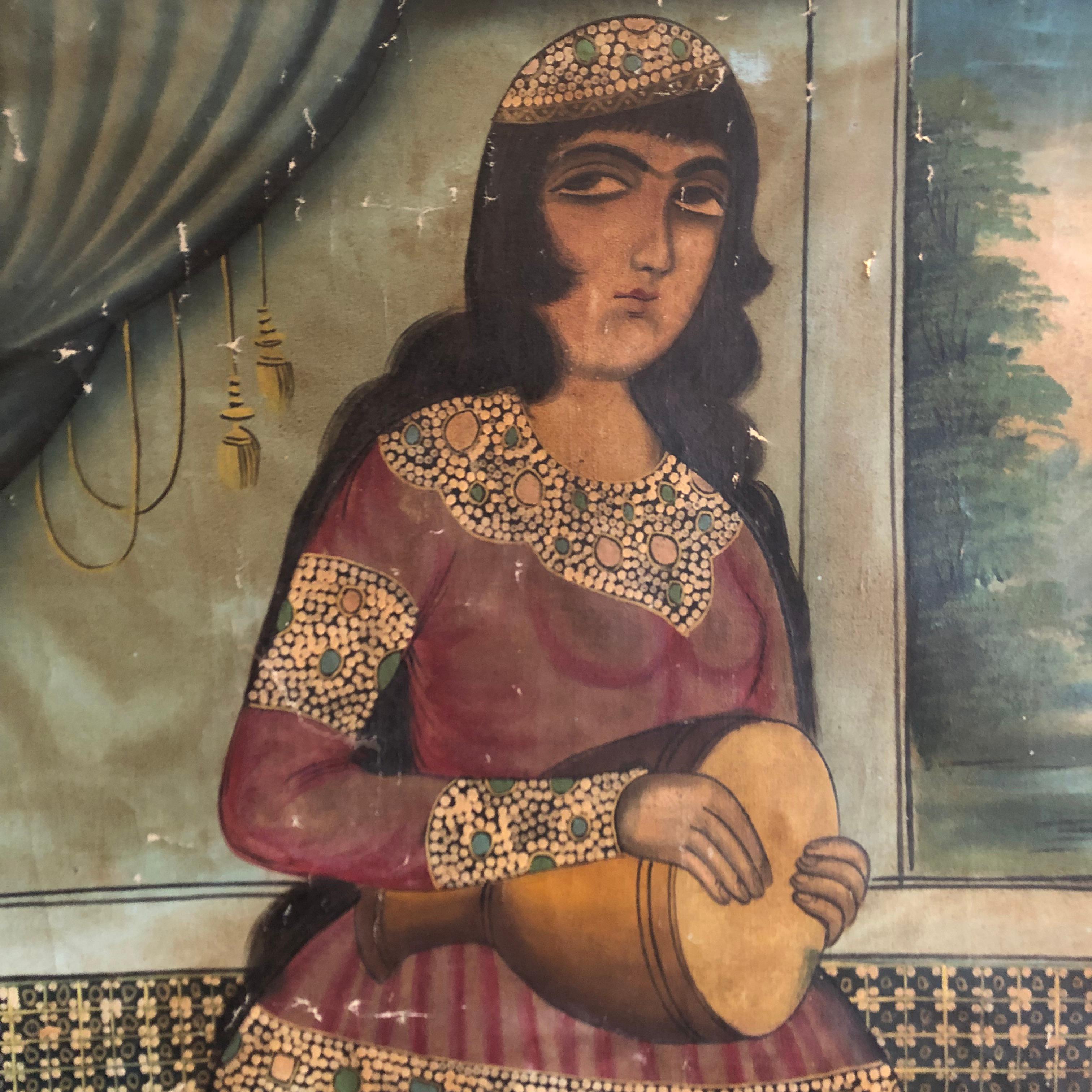Islamic A Large 19th Century Persian Qajar Portrait Painting