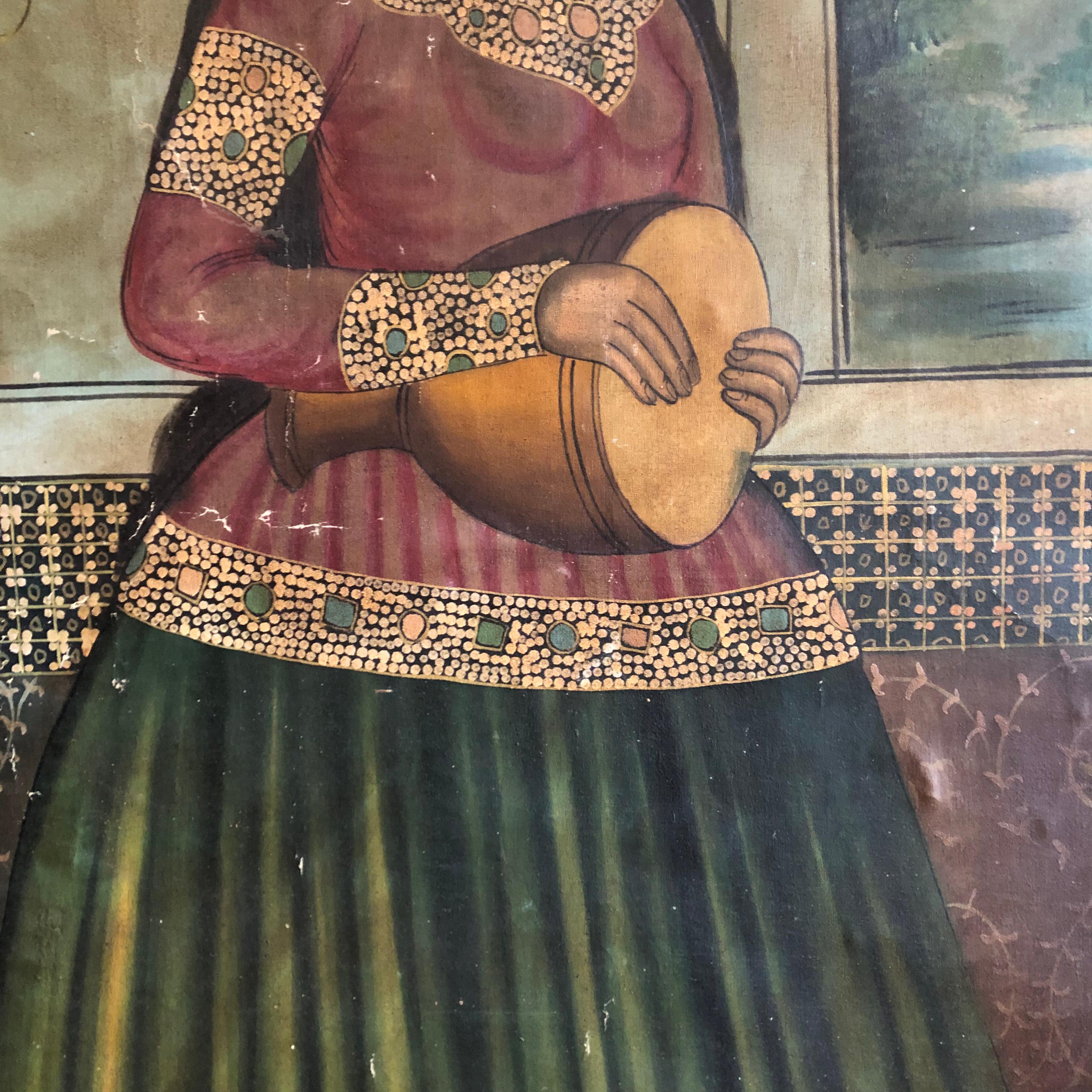 A Large 19th Century Persian Qajar Portrait Painting In Fair Condition In London, GB