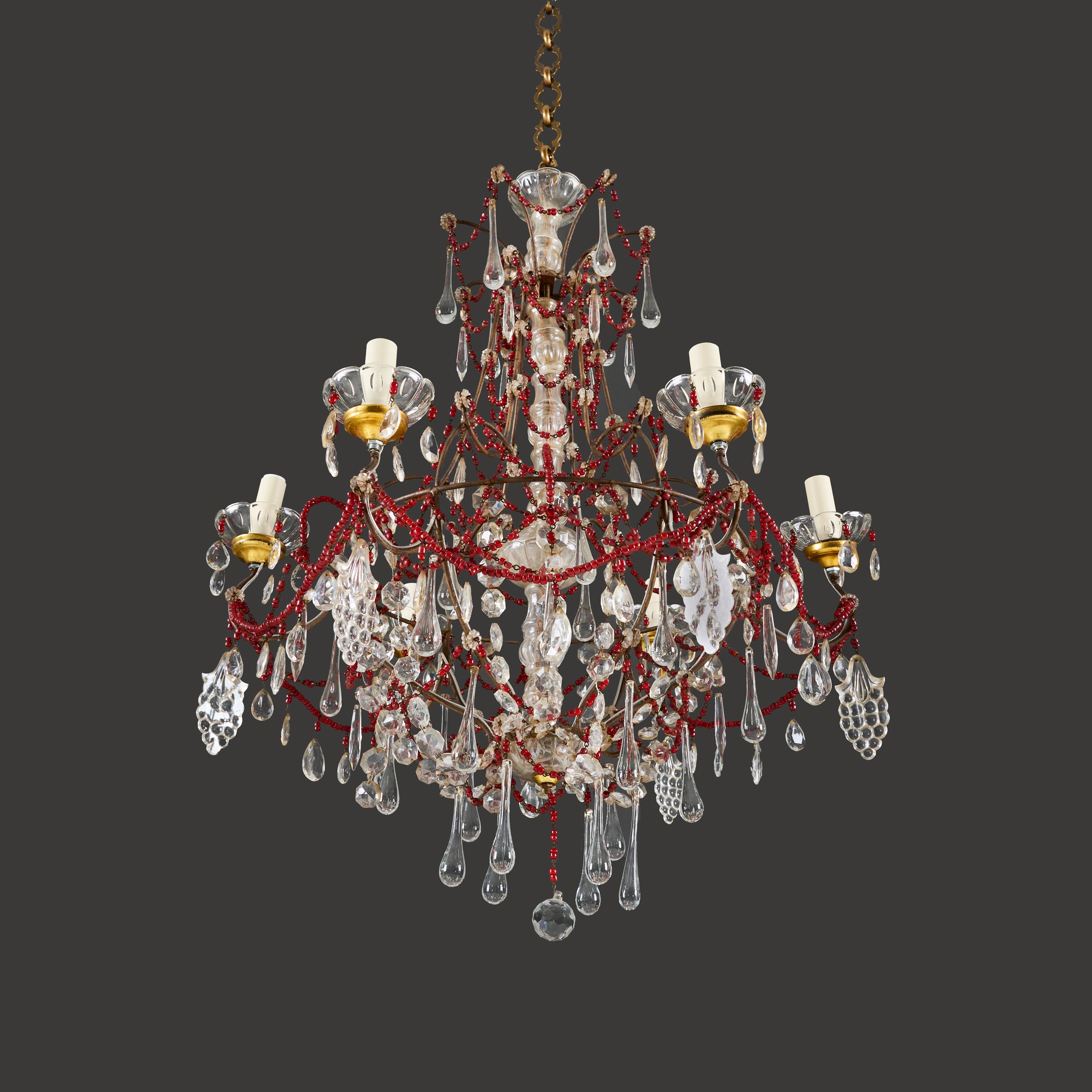 French A Large 19th Century Red Glass Beaded Chandelier For Sale