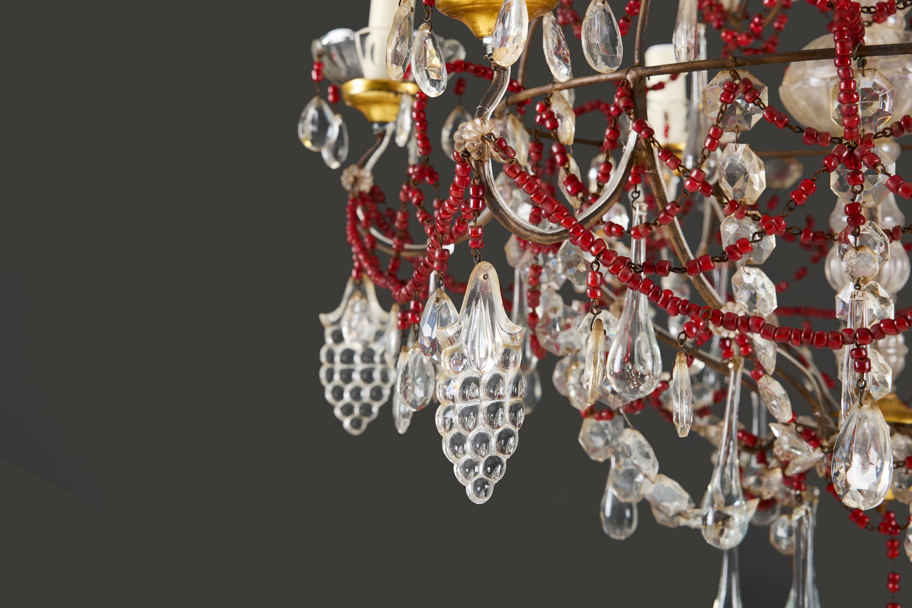 Metal A Large 19th Century Red Glass Beaded Chandelier For Sale