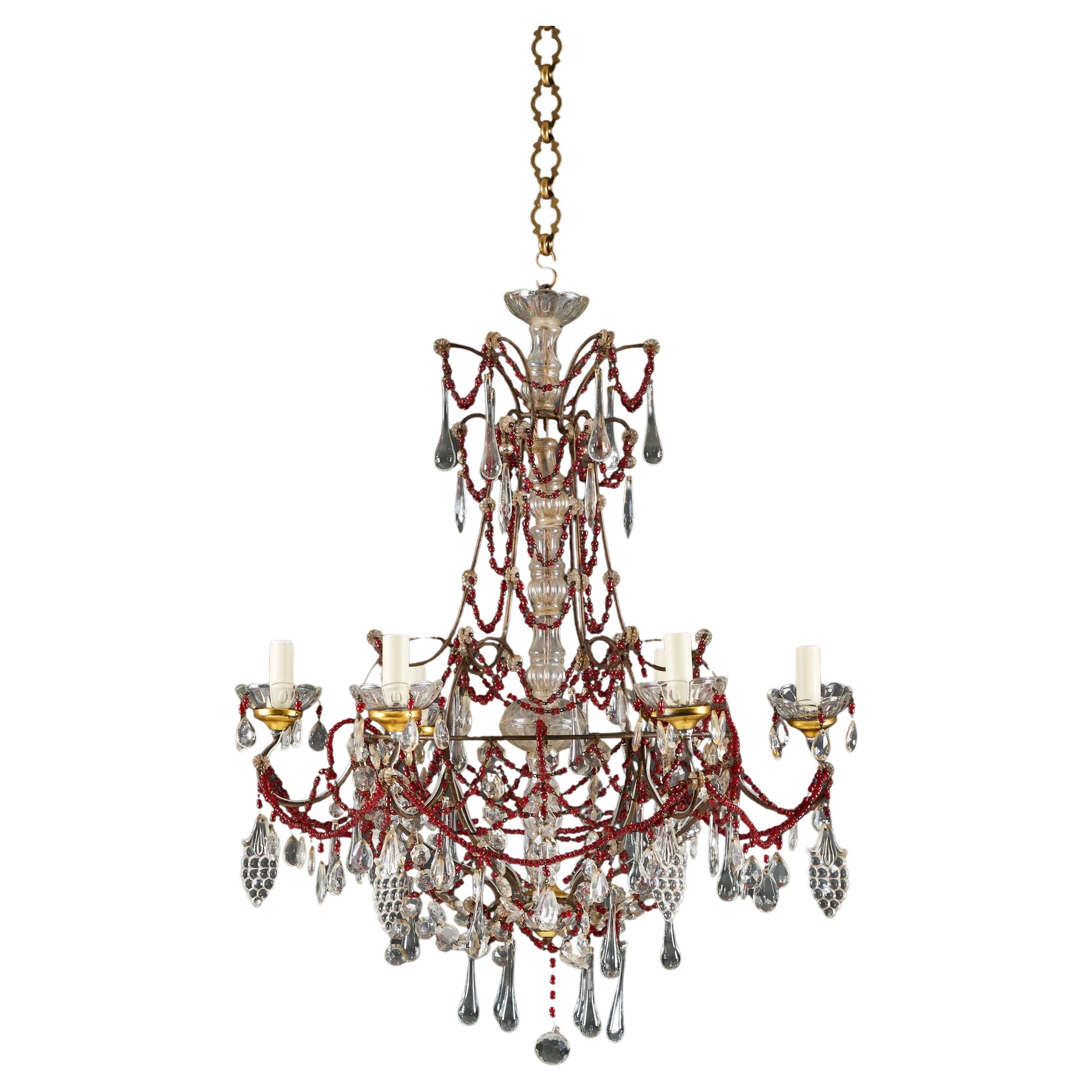 A Large 19th Century Red Glass Beaded Chandelier For Sale