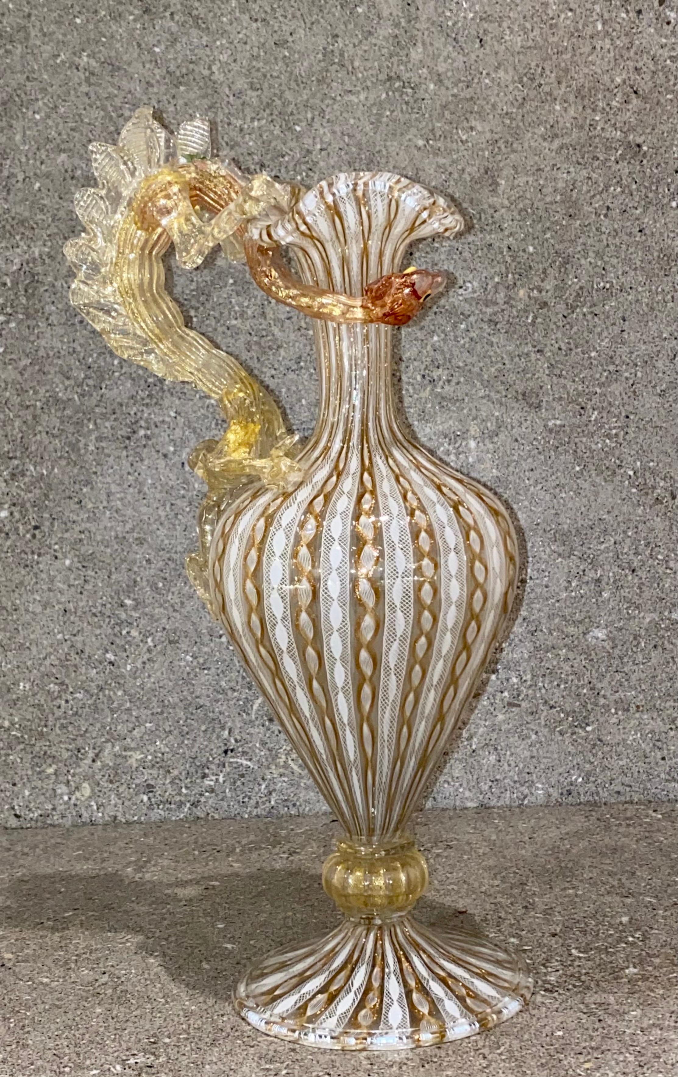 Large 19th Century Venetian Latticino Glass Claret Jug Ewer with Dragon Handle 8