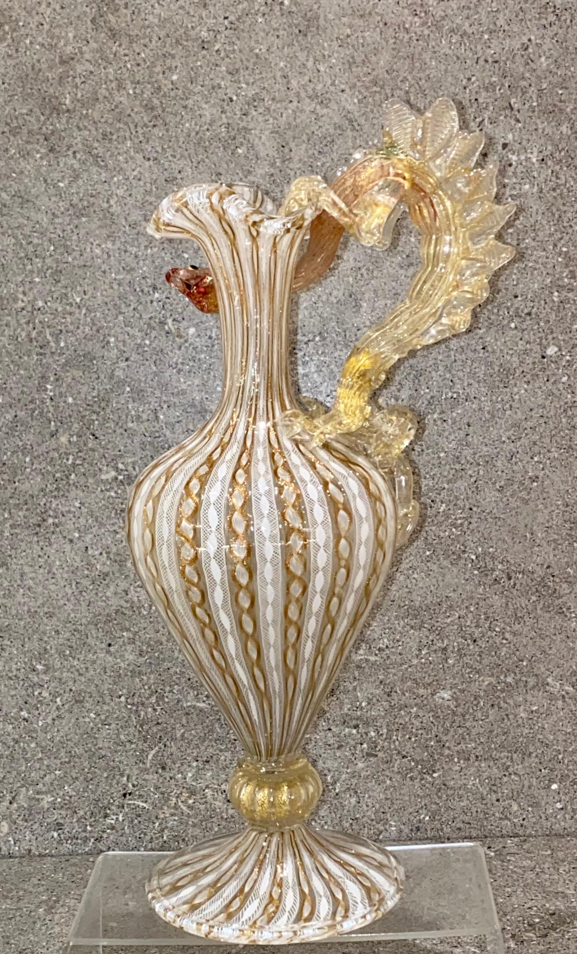 Large 19th Century Venetian Latticino Glass Claret Jug Ewer with Dragon Handle 10