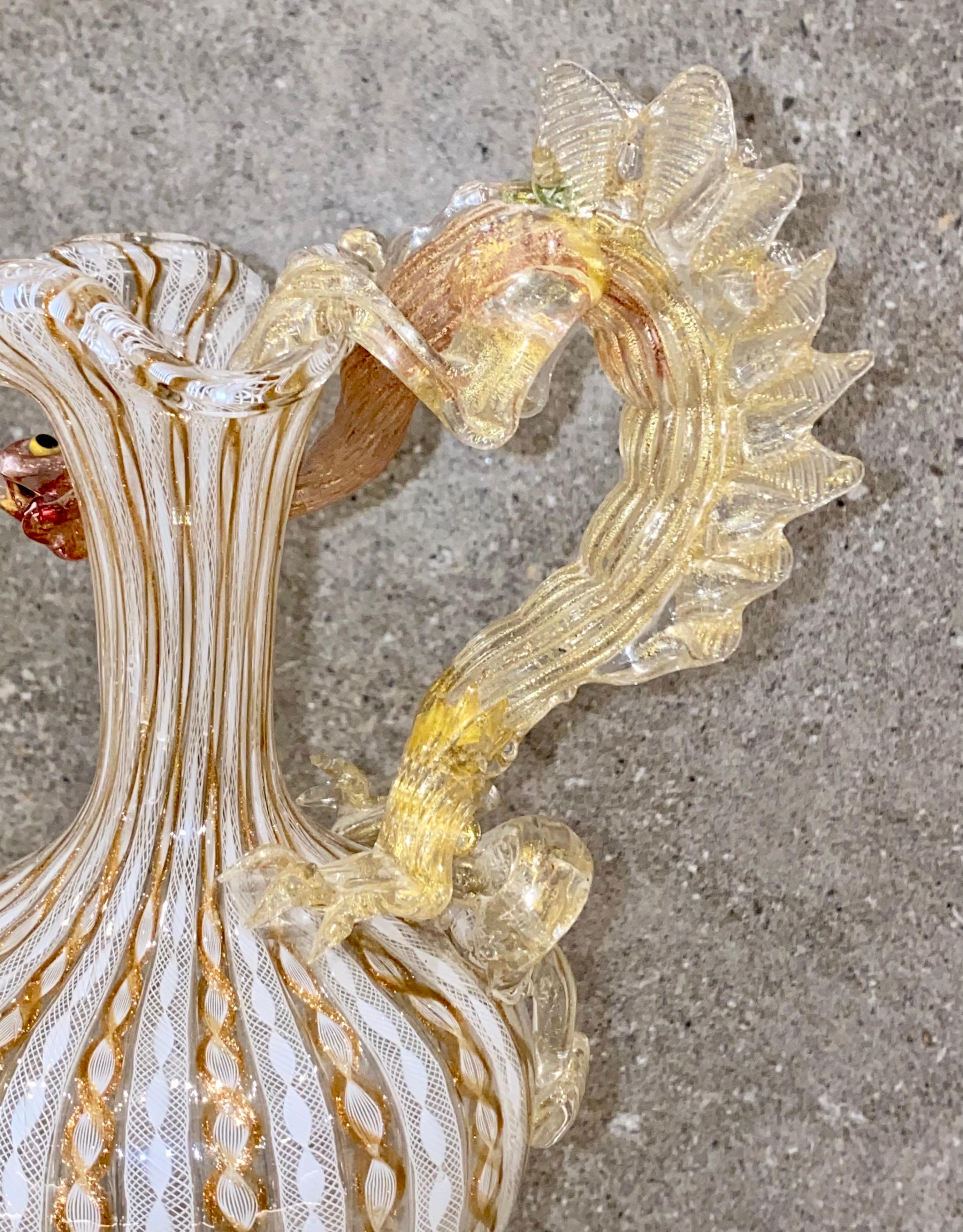 Large 19th Century Venetian Latticino Glass Claret Jug Ewer with Dragon Handle 11