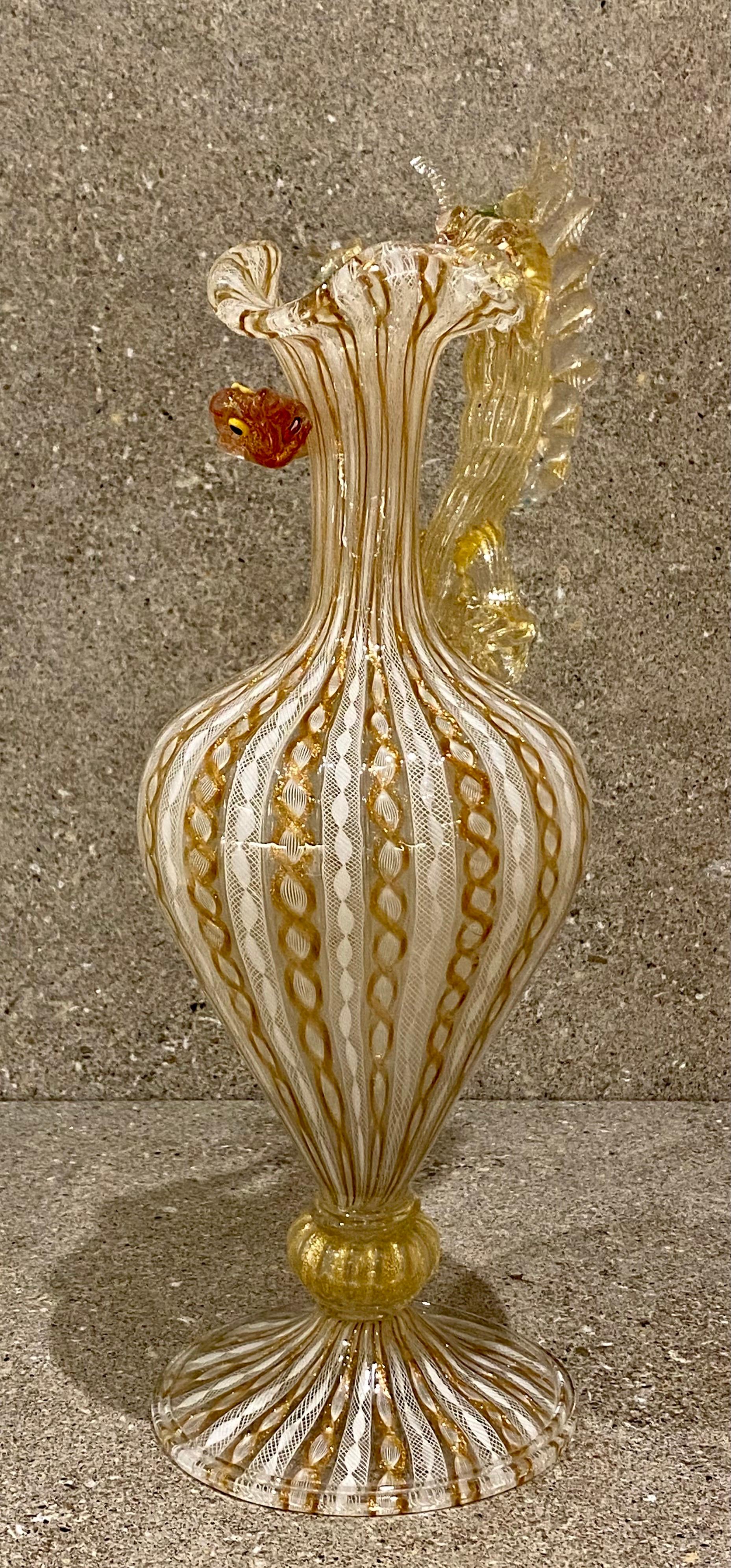 Large 19th Century Venetian Latticino Glass Claret Jug Ewer with Dragon Handle 12