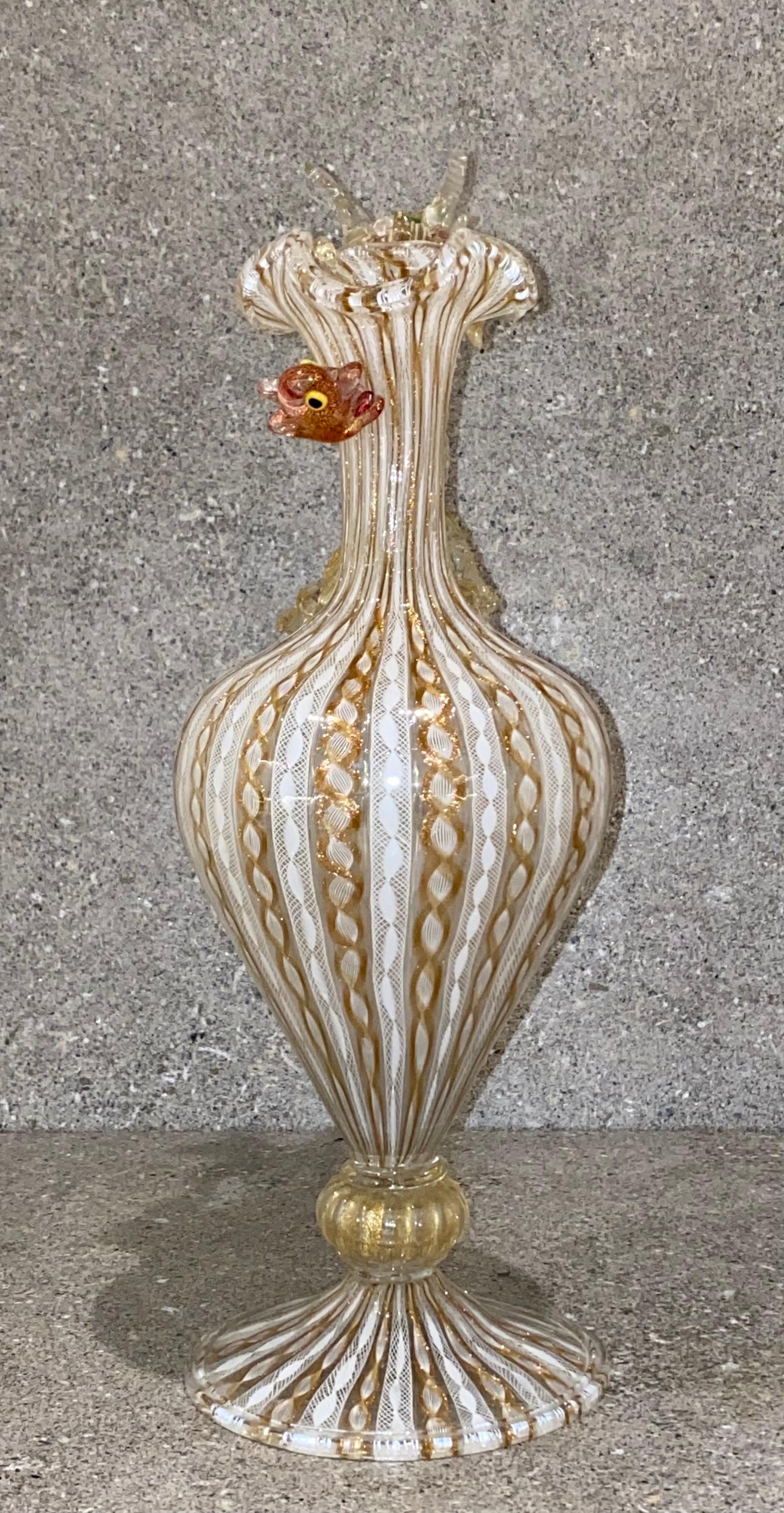 Large 19th Century Venetian Latticino Glass Claret Jug Ewer with Dragon Handle 14