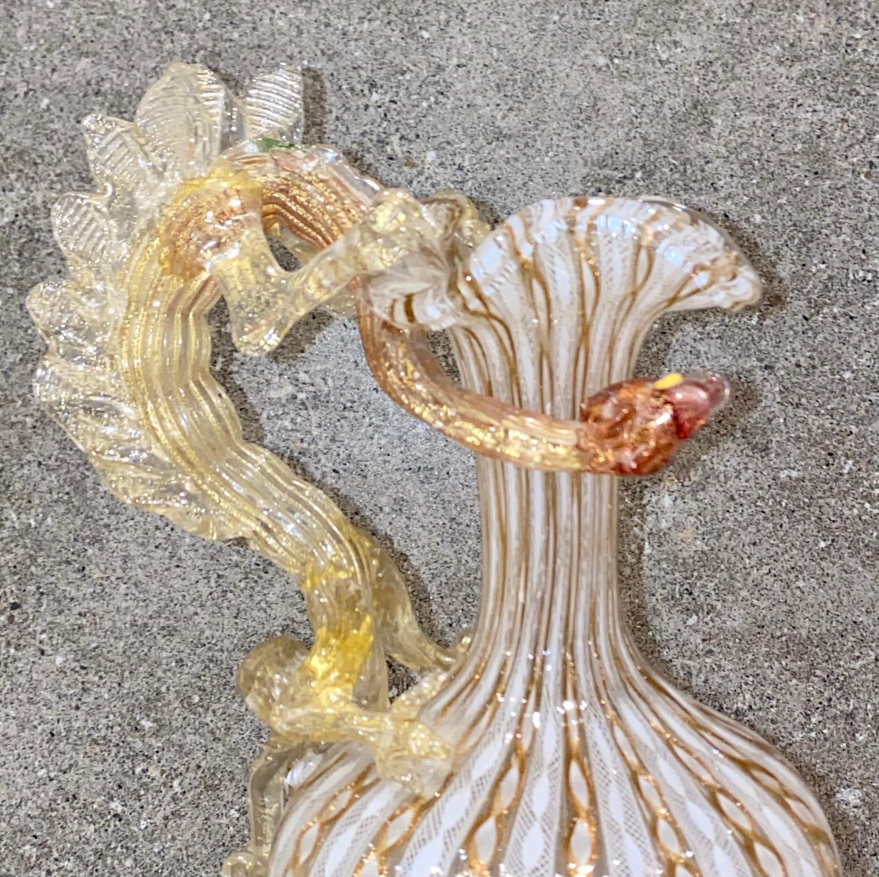 Large 19th Century Venetian Latticino Glass Claret Jug Ewer with Dragon Handle 1