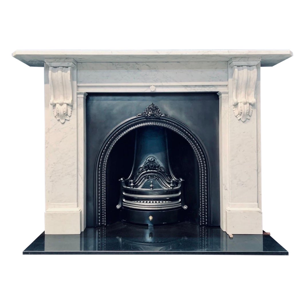 A Large 19th Century Victorian Carrara Marble Corbeled Fireplace Surround.