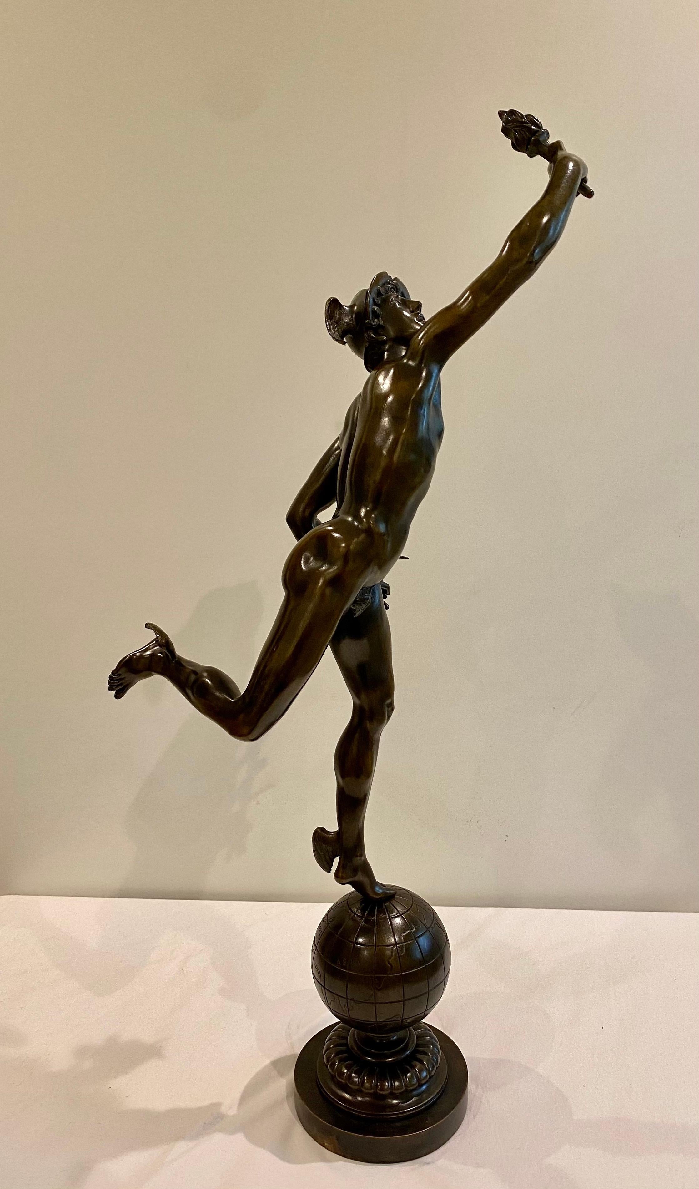 Stunning 19th.c. bronze sculpture of Hermes. Also known as Mercury, the messenger of the gods, guide of the dead and protector of merchants, shepherds, gamblers, liars, and thieves. Set on a Base in the form of an Atlas, whilst holding the caduceus