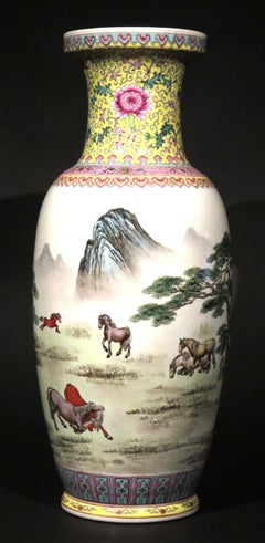 A Large 20th C. Chinese Famille Jaune ‘Eight Horses of Wang Mu’ Porcelain Vase