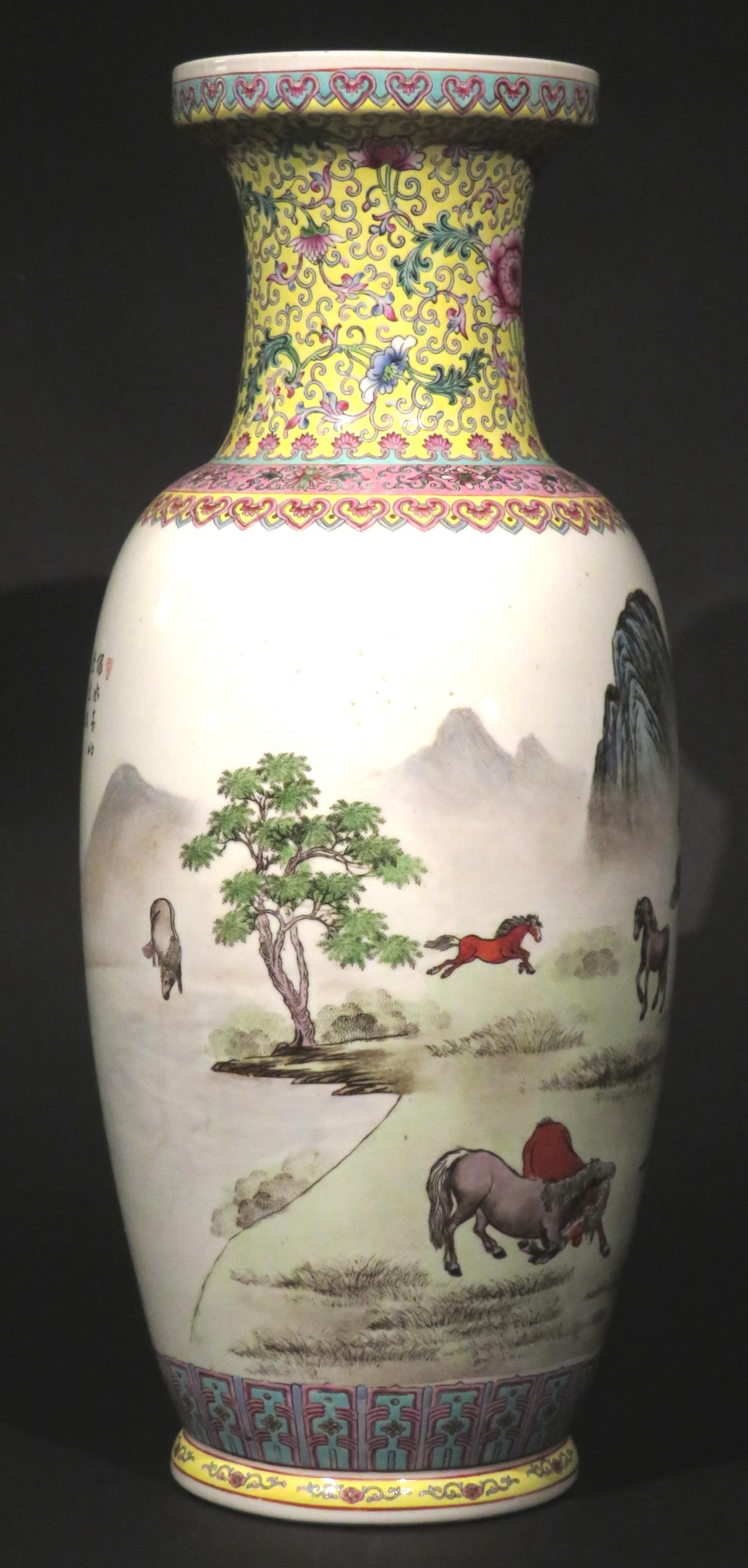 Enameled A Large 20th C. Chinese Famille Jaune ‘Eight Horses of Wang Mu’ Porcelain Vase For Sale