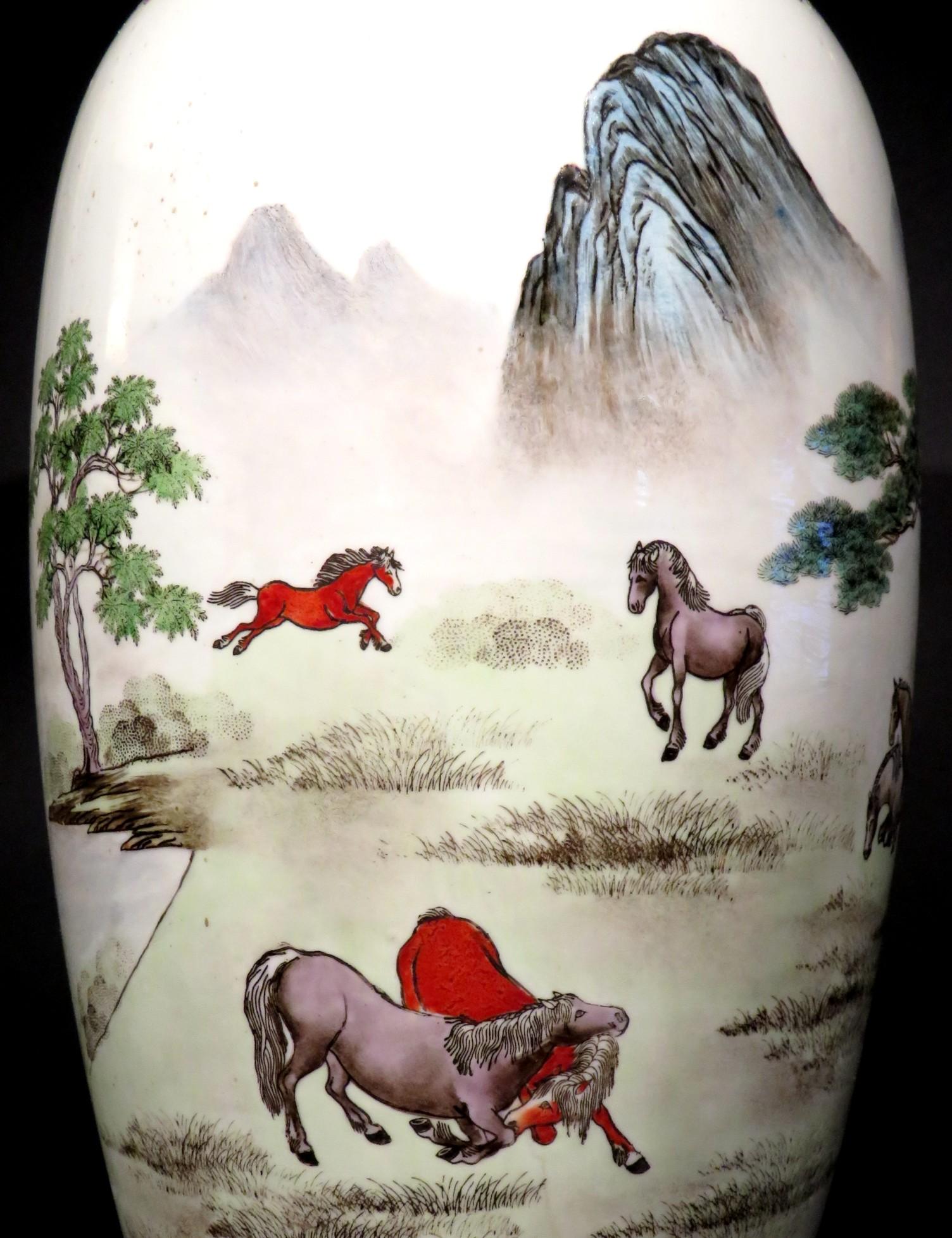 Enamel A Large 20th C. Chinese Famille Jaune ‘Eight Horses of Wang Mu’ Porcelain Vase For Sale