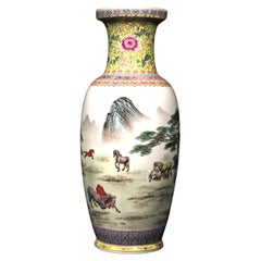 Vintage A Large 20th C. Chinese Famille Jaune ‘Eight Horses of Wang Mu’ Porcelain Vase