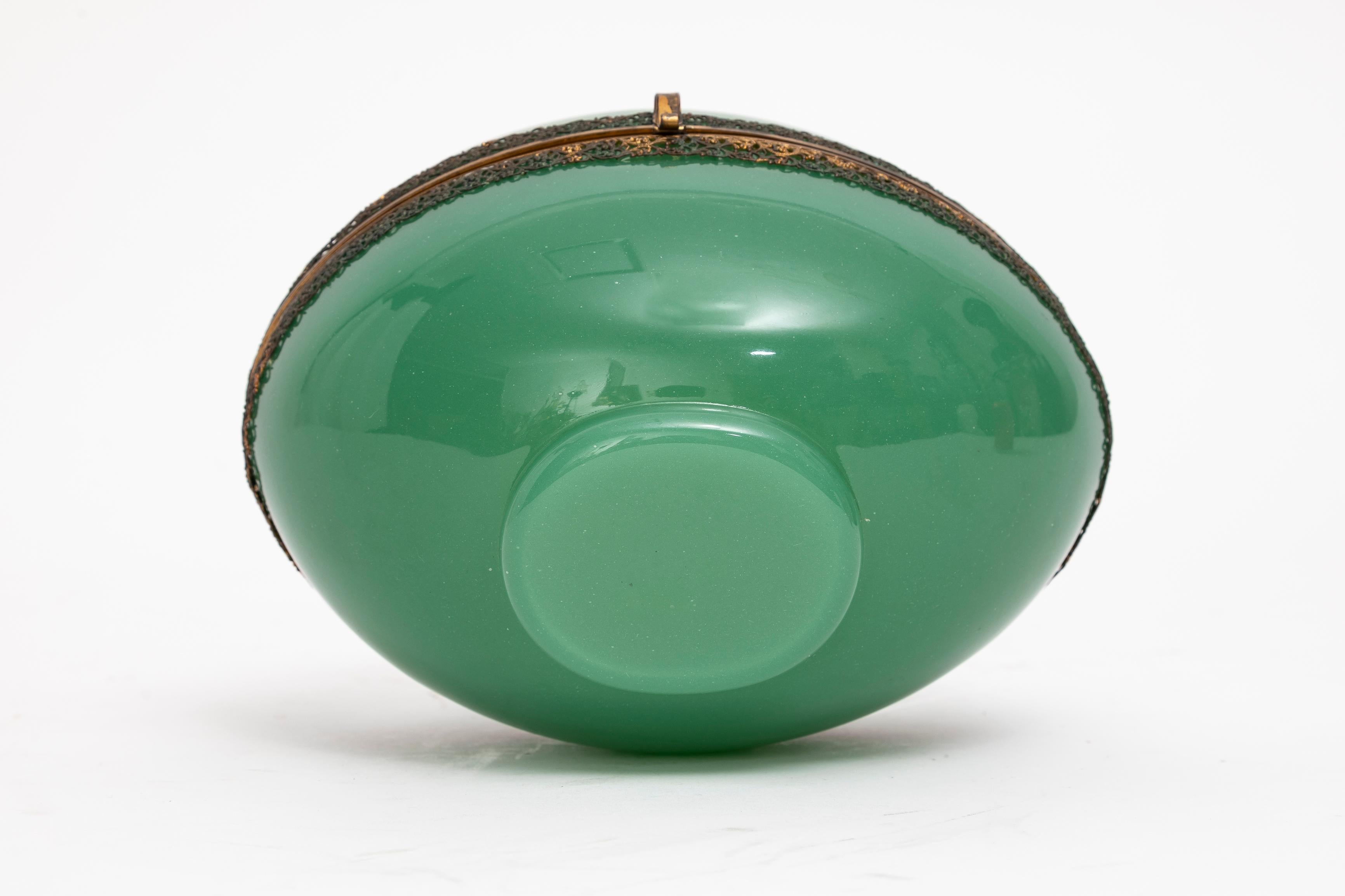 A Large 20th C. French Ormolu Mounted Green Opaline Egg Form Covered Box For Sale 4