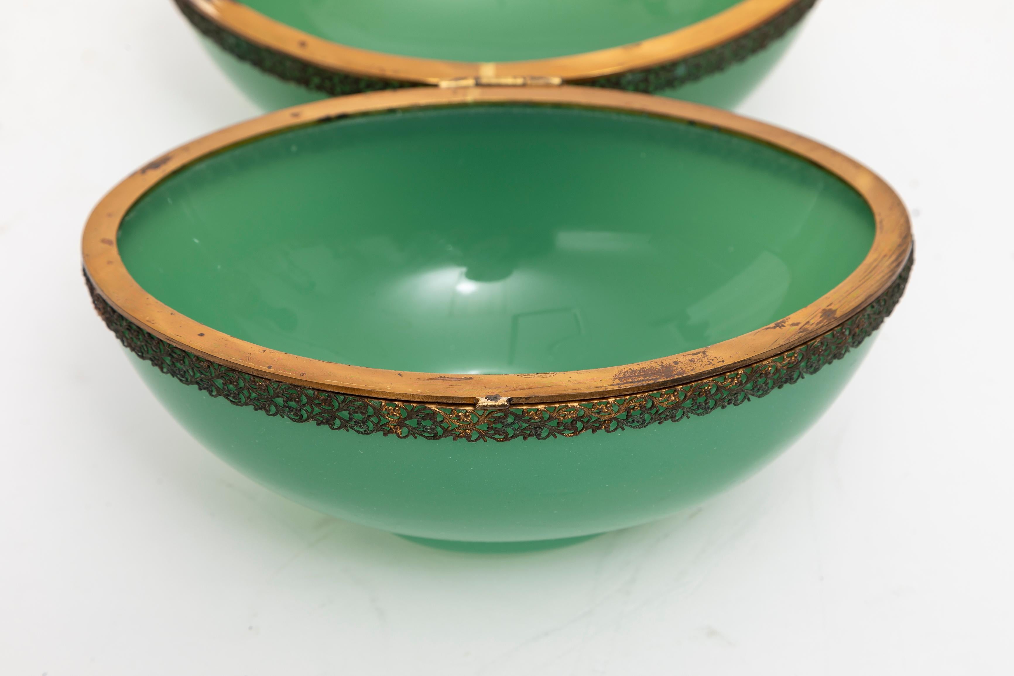 Bronze A Large 20th C. French Ormolu Mounted Green Opaline Egg Form Covered Box For Sale