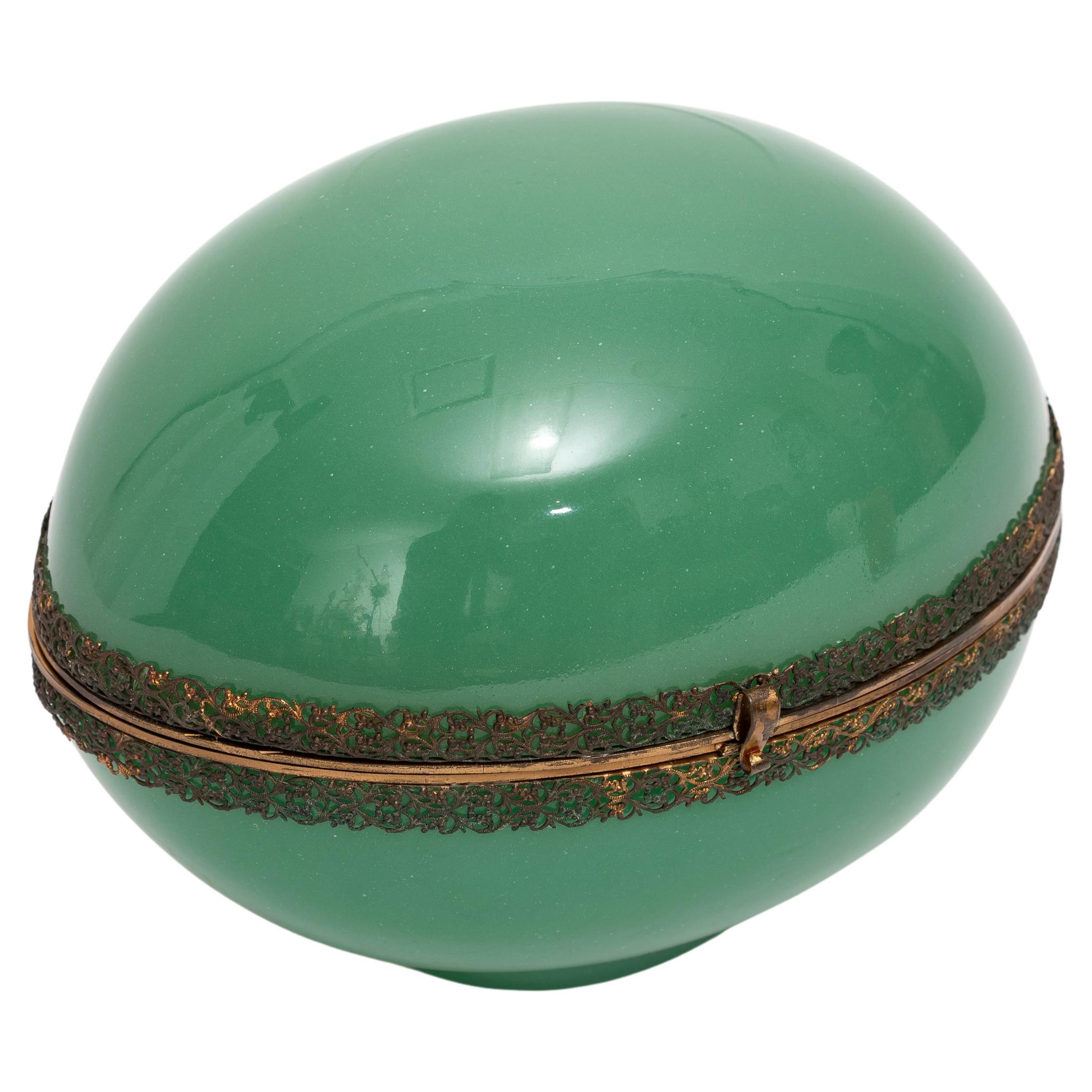 A Large 20th C. French Ormolu Mounted Green Opaline Egg Form Covered Box For Sale