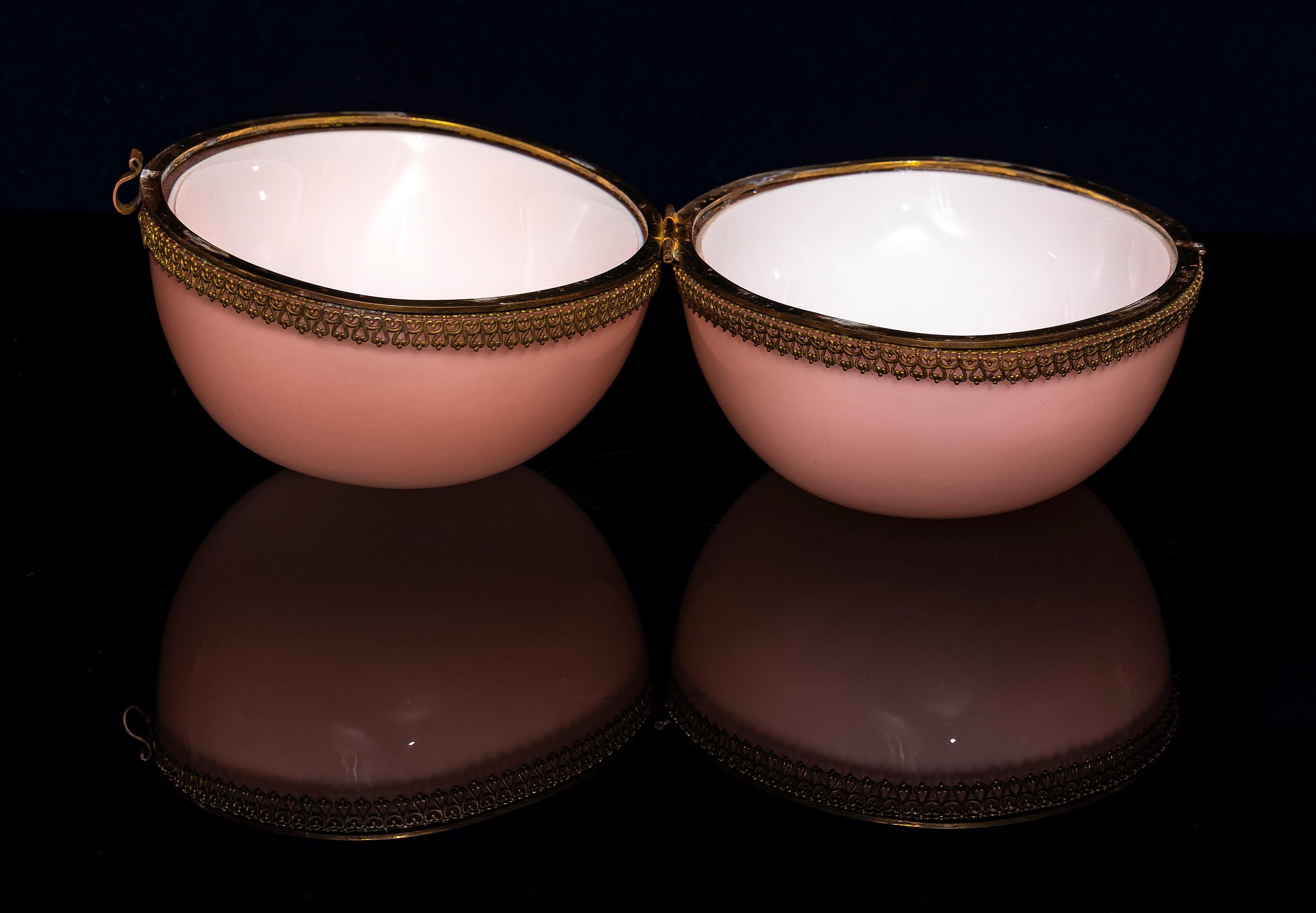 Hand-Carved A Large 20th C. French Ormolu Mounted Pink Opaline Egg Form Covered Box
