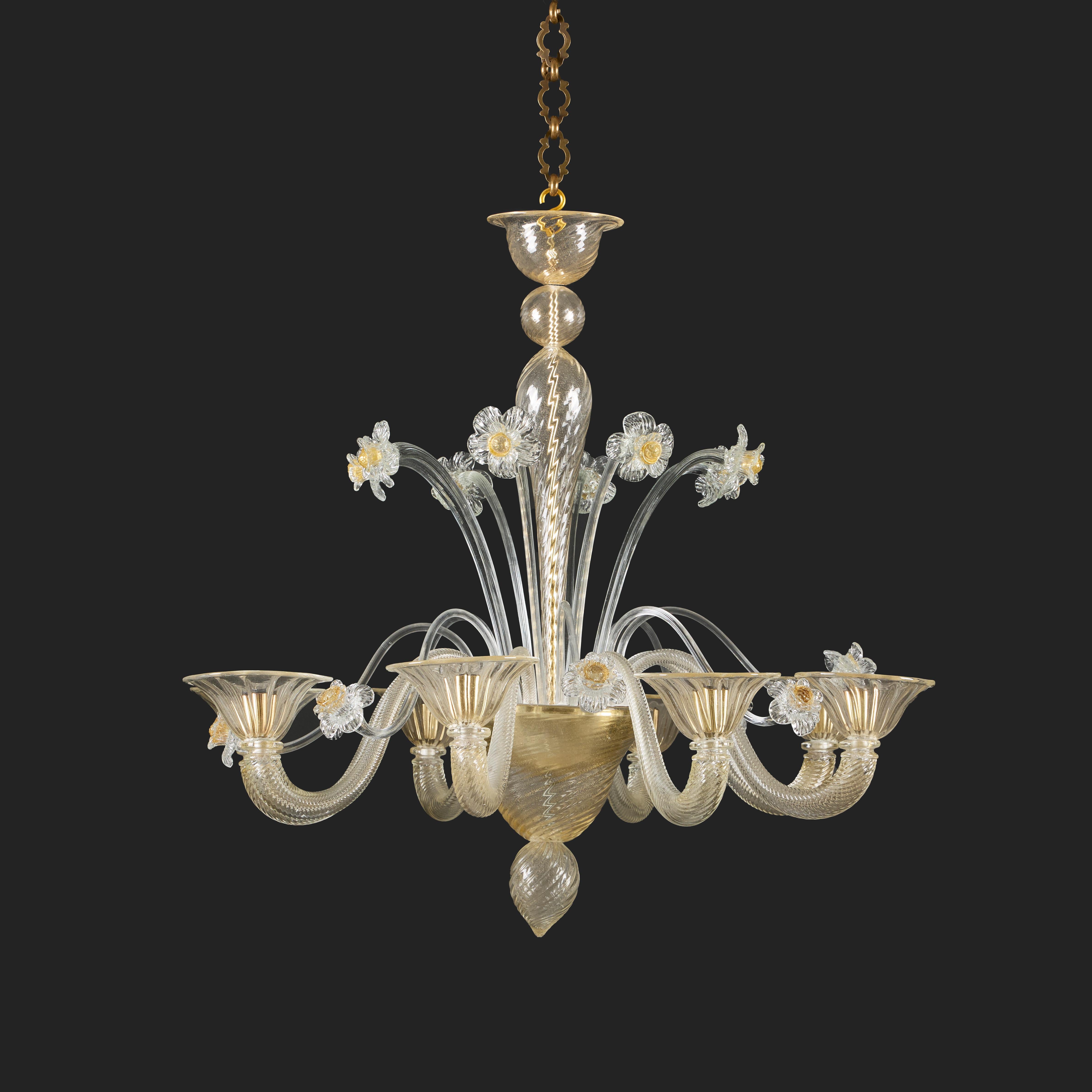 Murano, Italy, circa 1960

A mid twentieth century Murano clear glass chandelier, with eight down swept candle arms, and six flower heads, and four trailing arms. The glass ribbed and with gold flecks throughout. 

Height  83.00cm
Diameter  