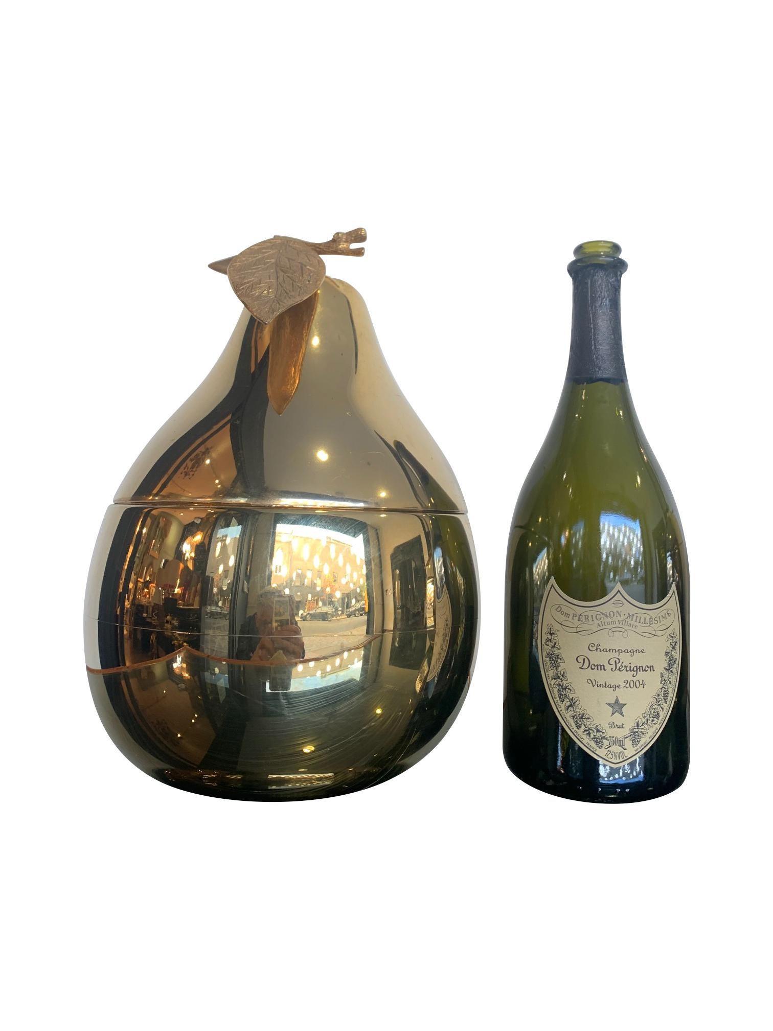 Mid-Century Modern Large 24-Carat Gold-Plated Pear Shaped Ice Bucket with Detailed Leaf Handle