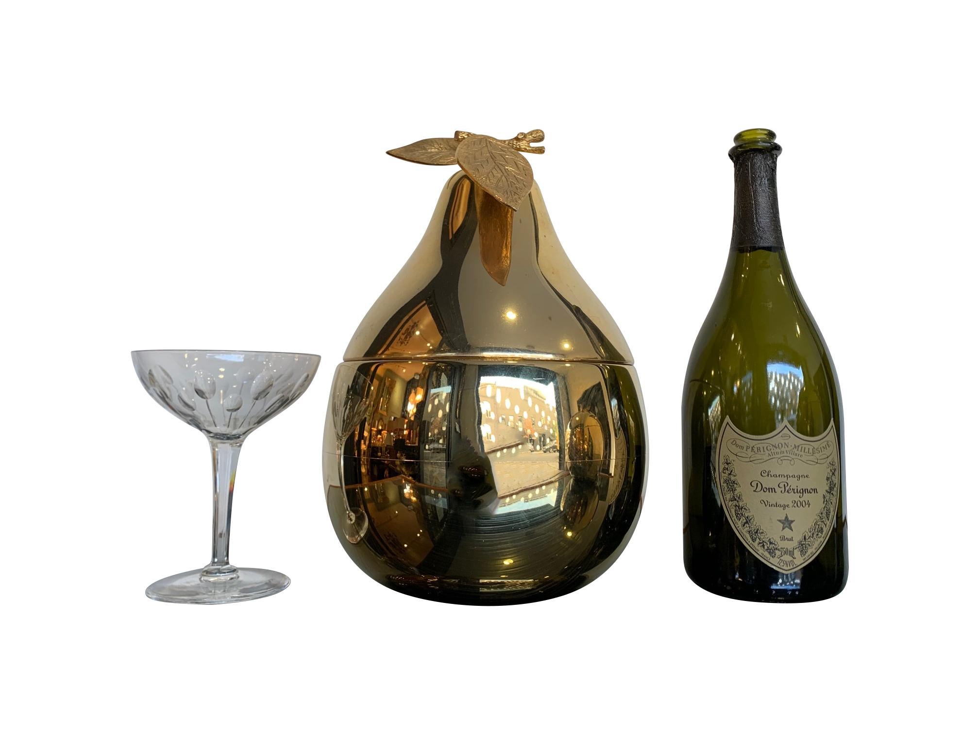 Large 24-Carat Gold-Plated Pear Shaped Ice Bucket with Detailed Leaf Handle In Good Condition In London, GB