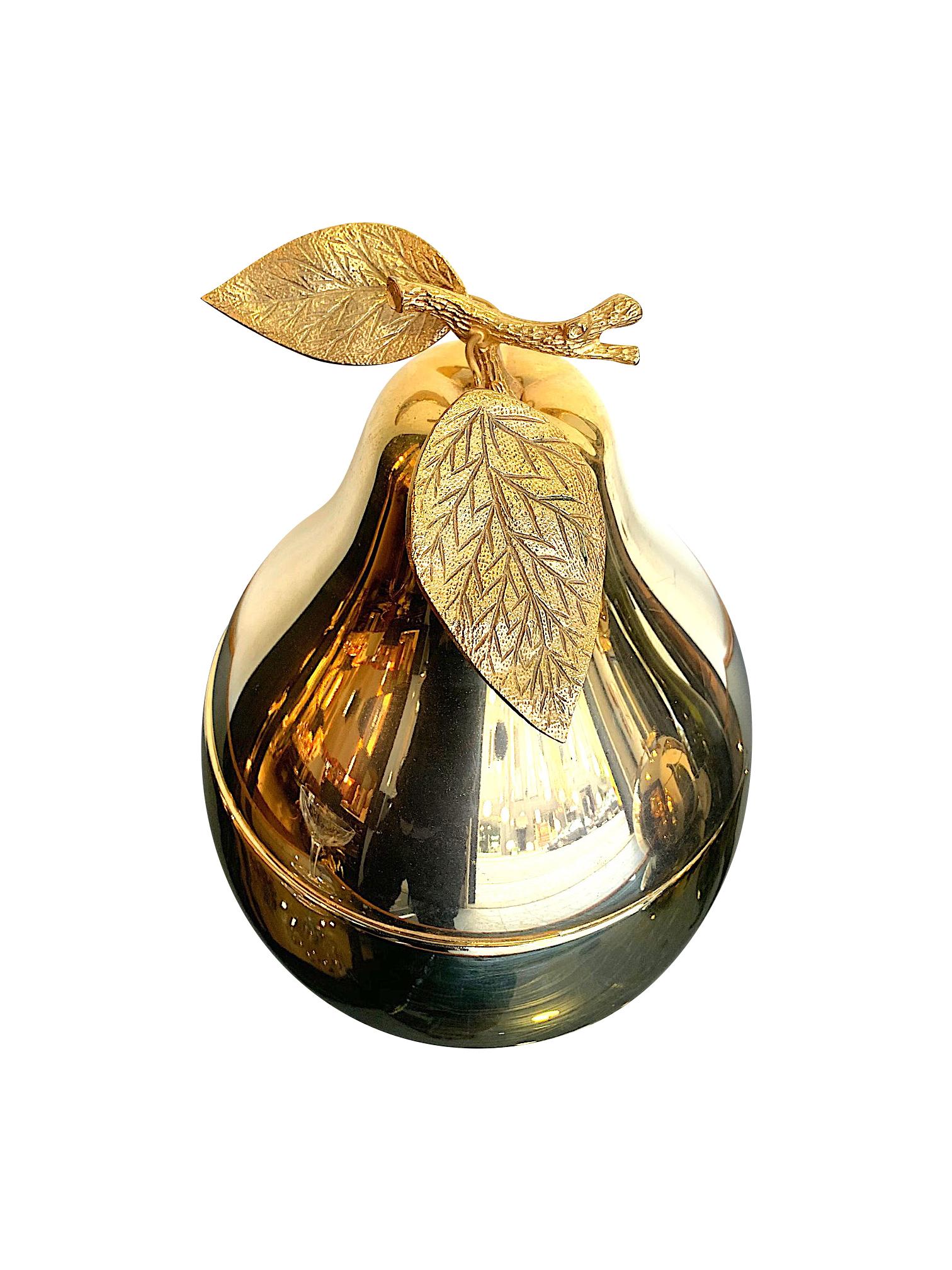 Late 20th Century Large 24-Carat Gold-Plated Pear Shaped Ice Bucket with Detailed Leaf Handle