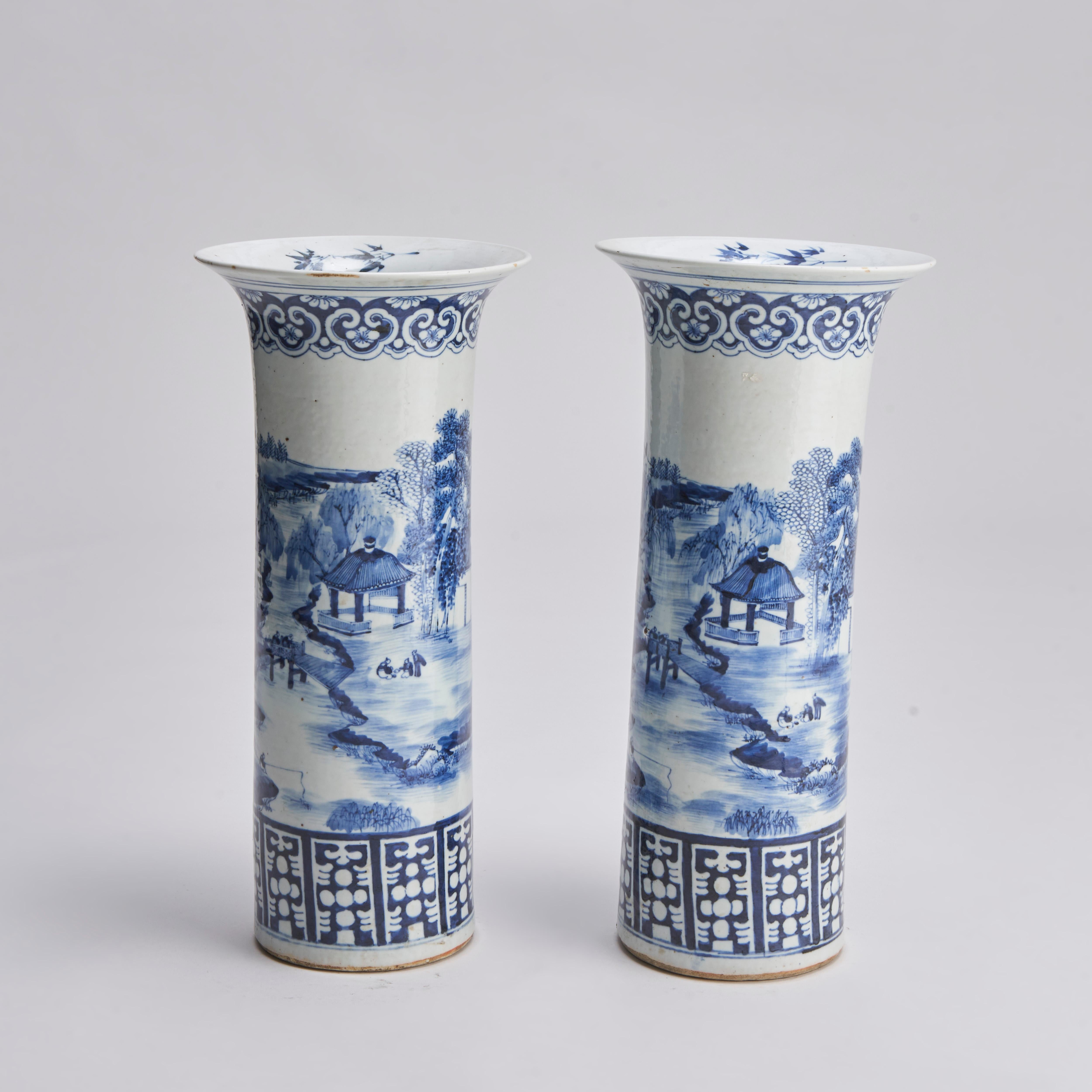 19th Century A large (44cm in height) pair of blue and white sleeve vases  For Sale